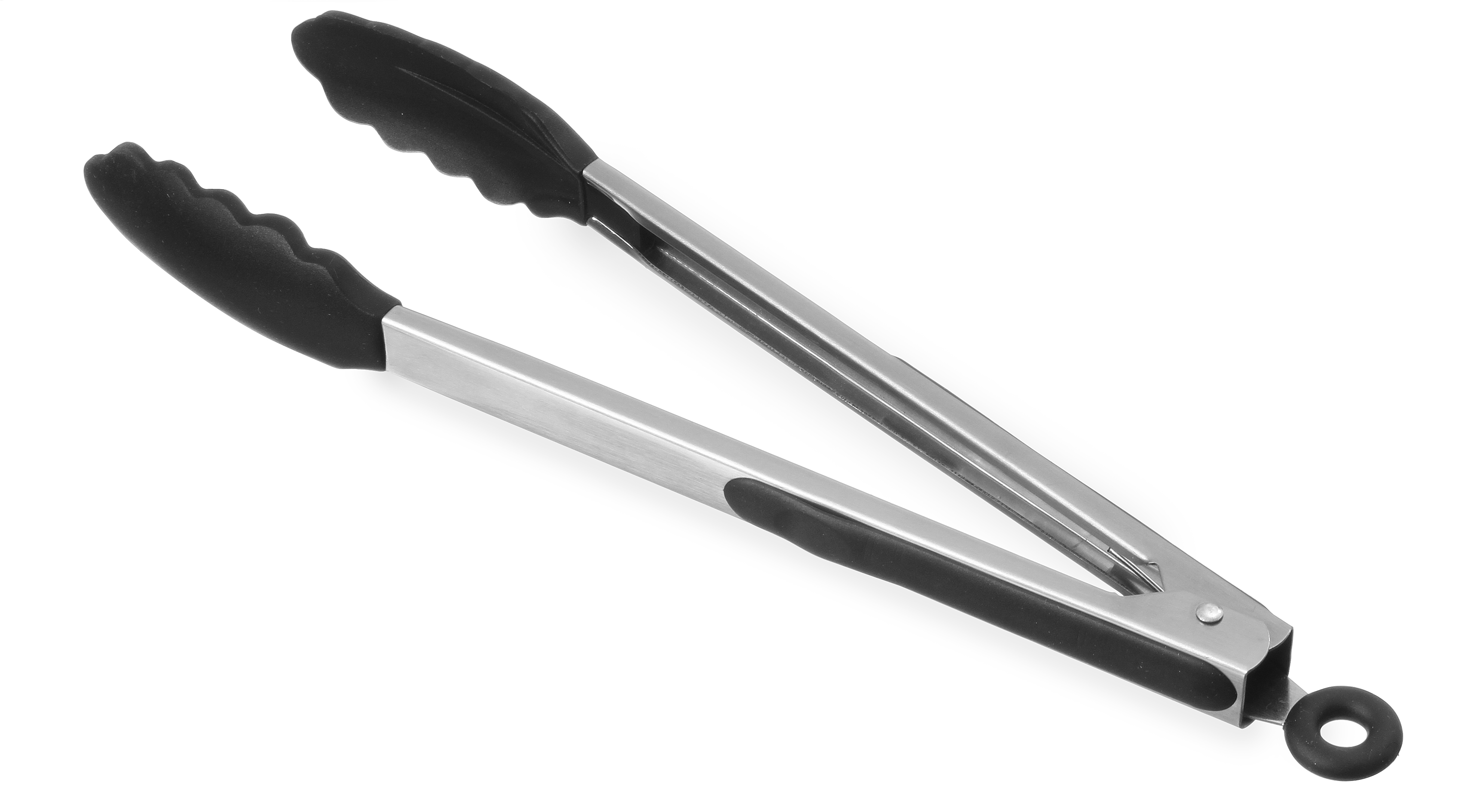 Pinze metalliche con impugnature in silicone nero. Aperte su sfondo bianco.