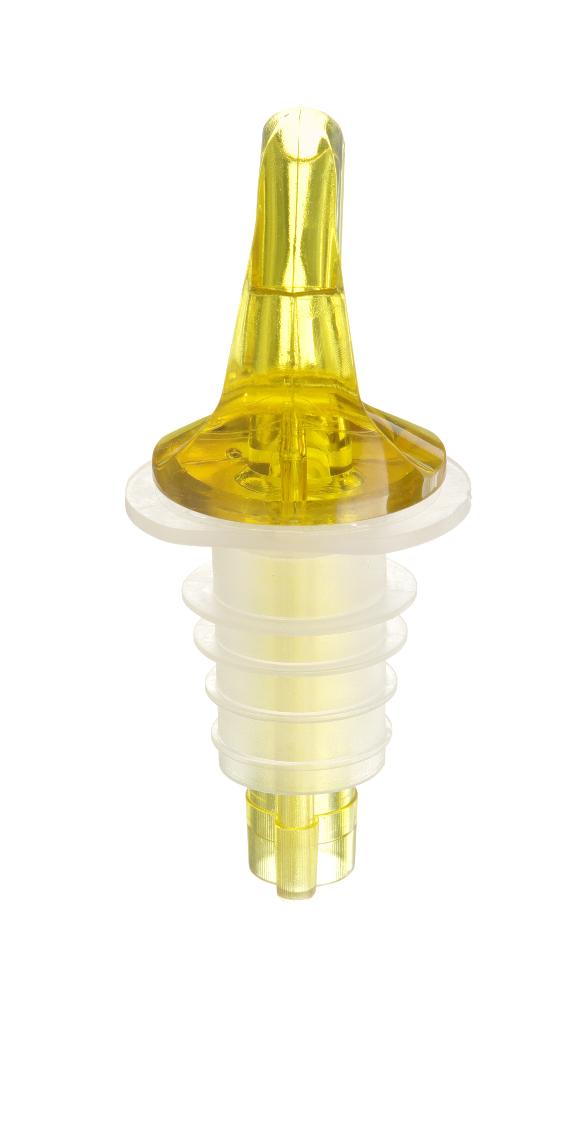 Beccuccio versatore per bottiglia in plastica gialla con base trasparente.