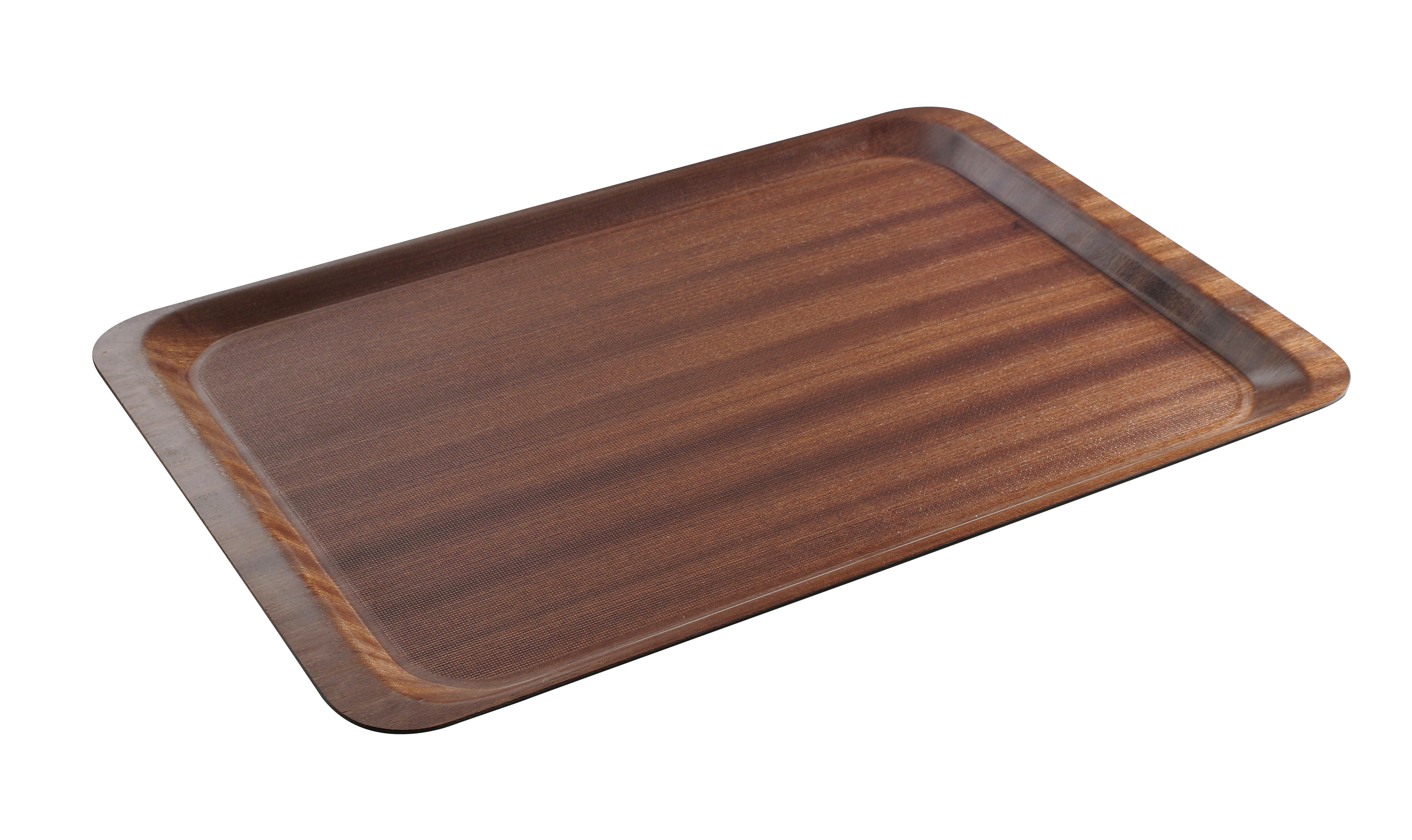 Vassoio di legno da portata. Colore marrone scuro. Forma rettangolare. Sfondo bianco.