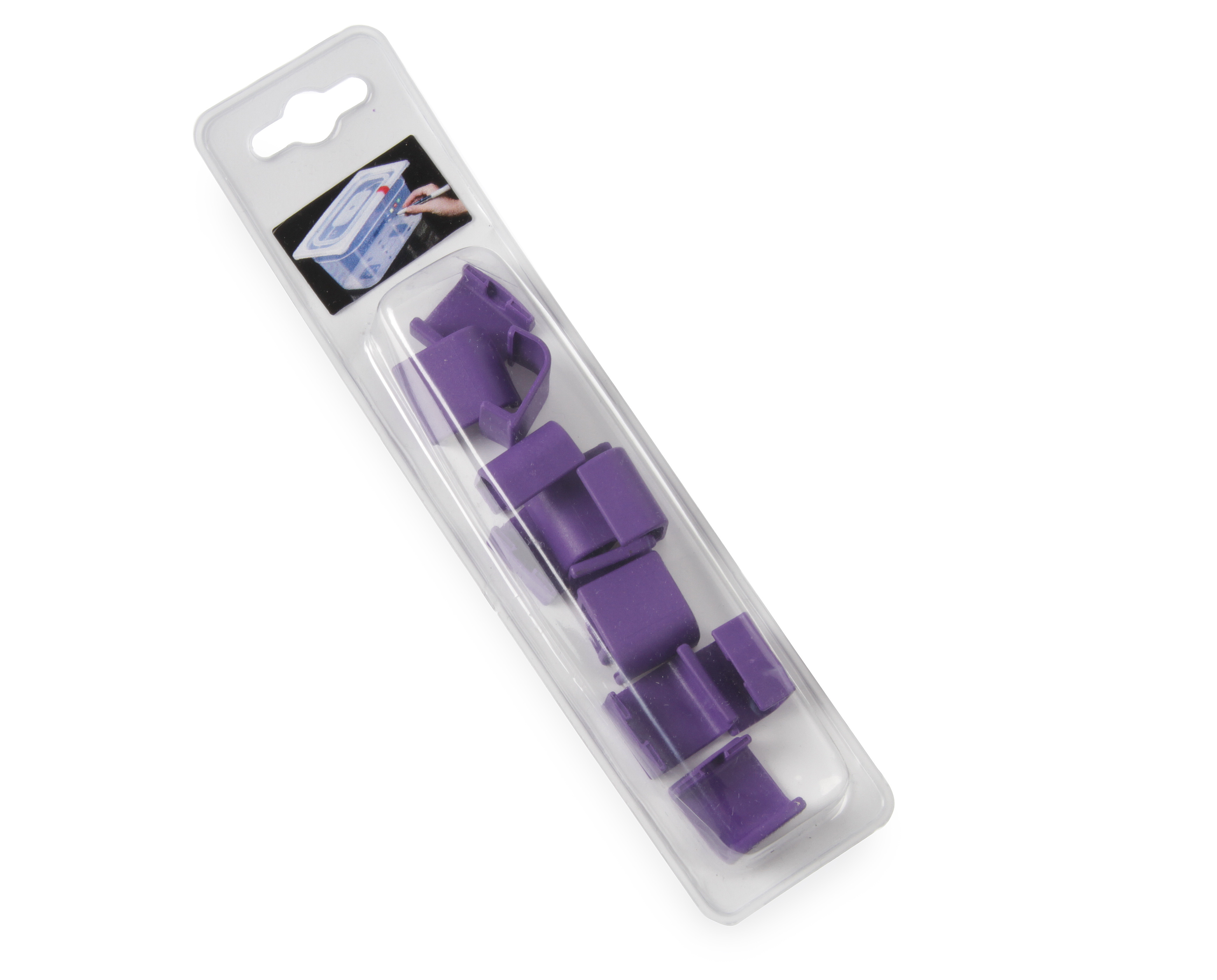 Confezione blister con clip viola. Sfondo bianco.