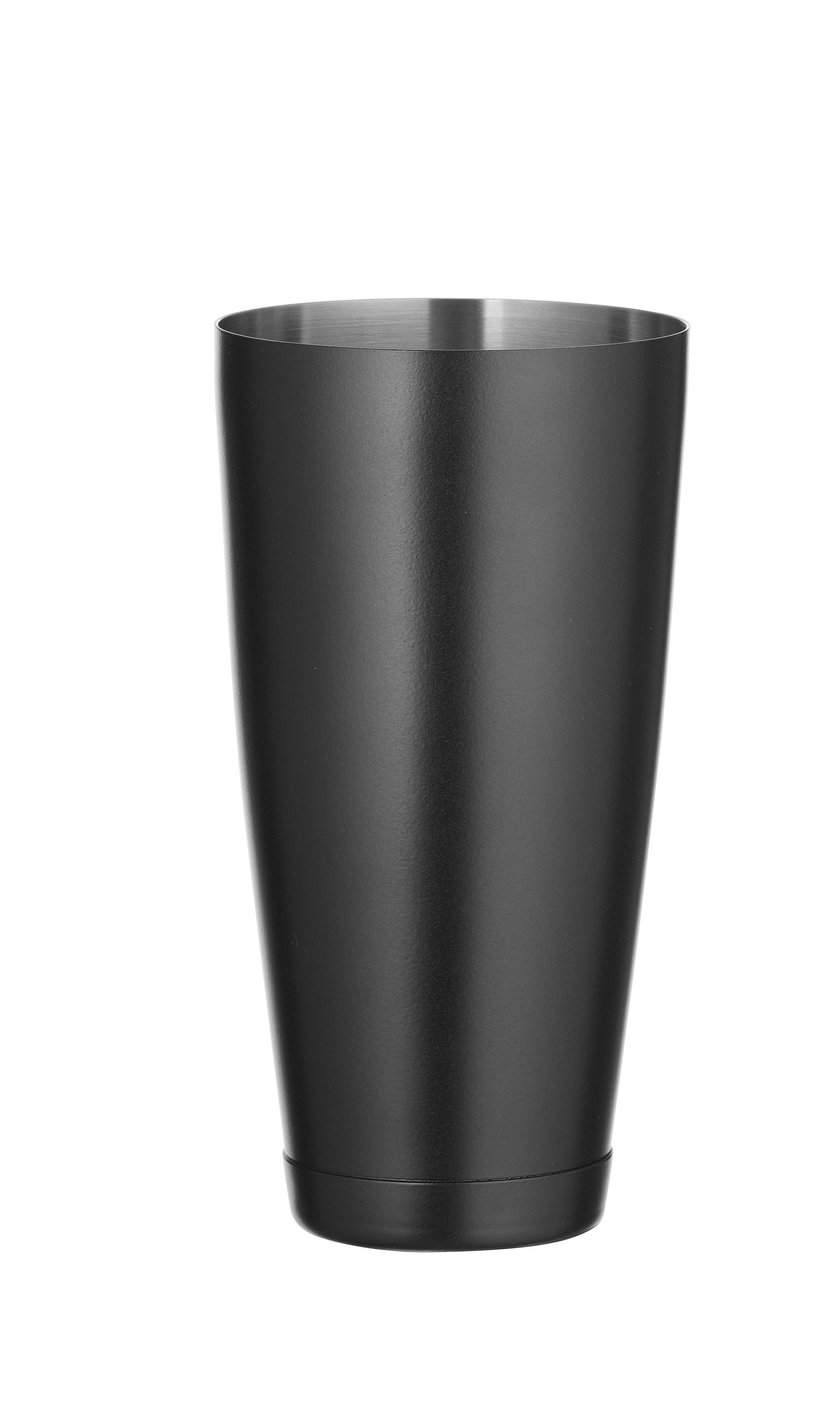 Ein schwarzer Cocktailshaker, isoliert vor weißem Hintergrund.