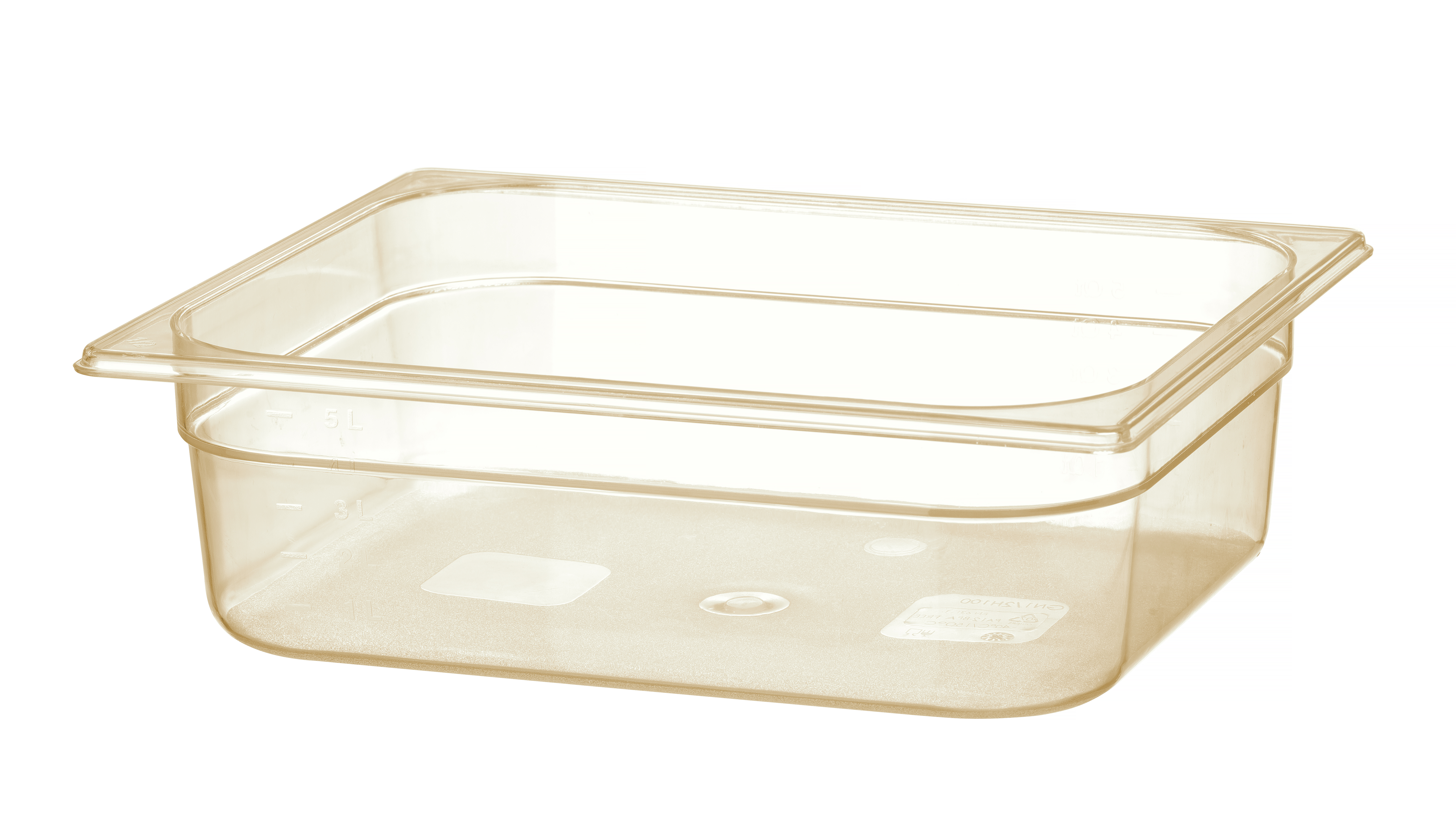 Un contenitore trasparente per alimenti di forma rettangolare, su sfondo bianco.