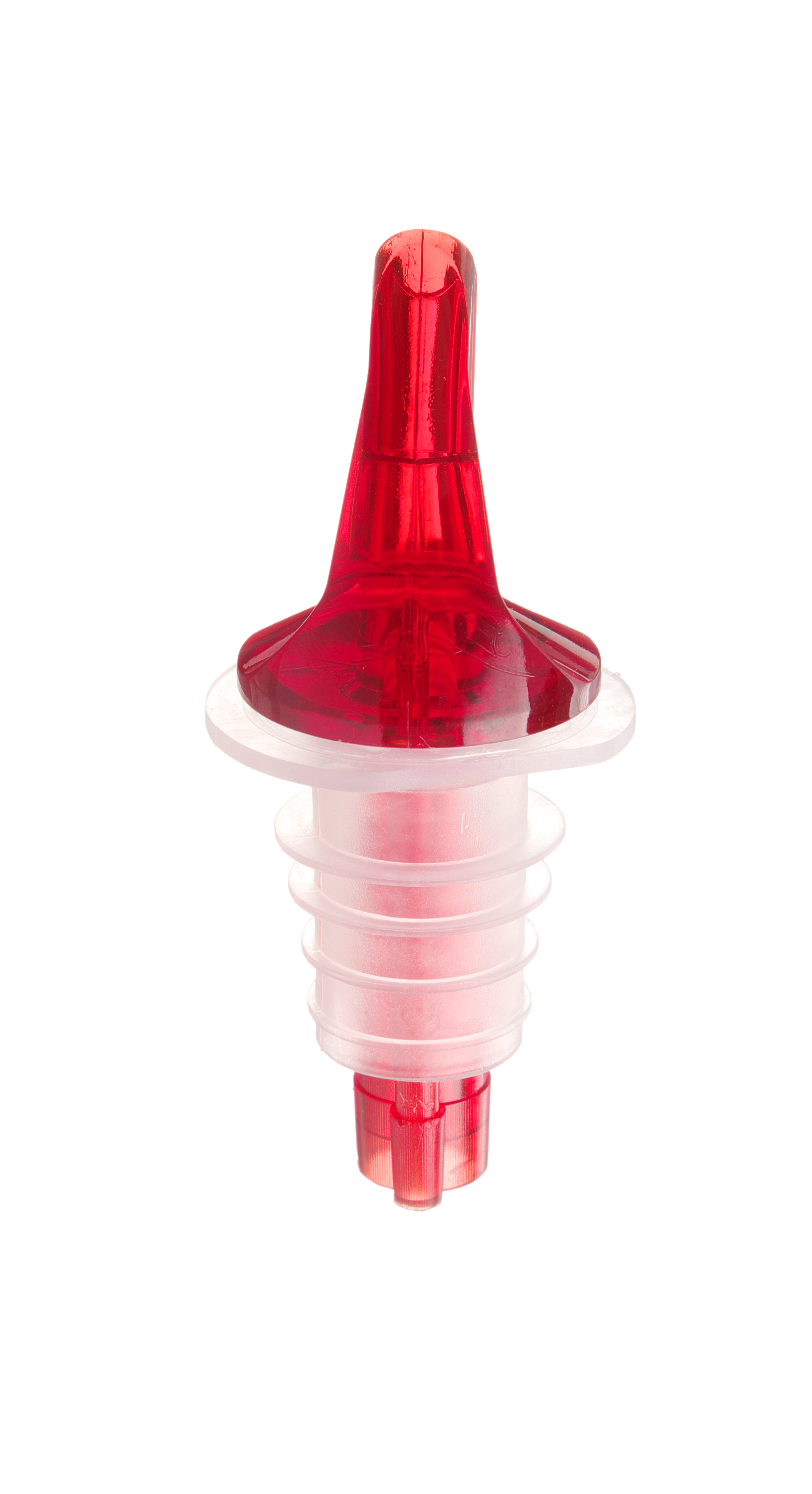 Beccuccio rosso per versare liquori. Base trasparente. Sfondo bianco.