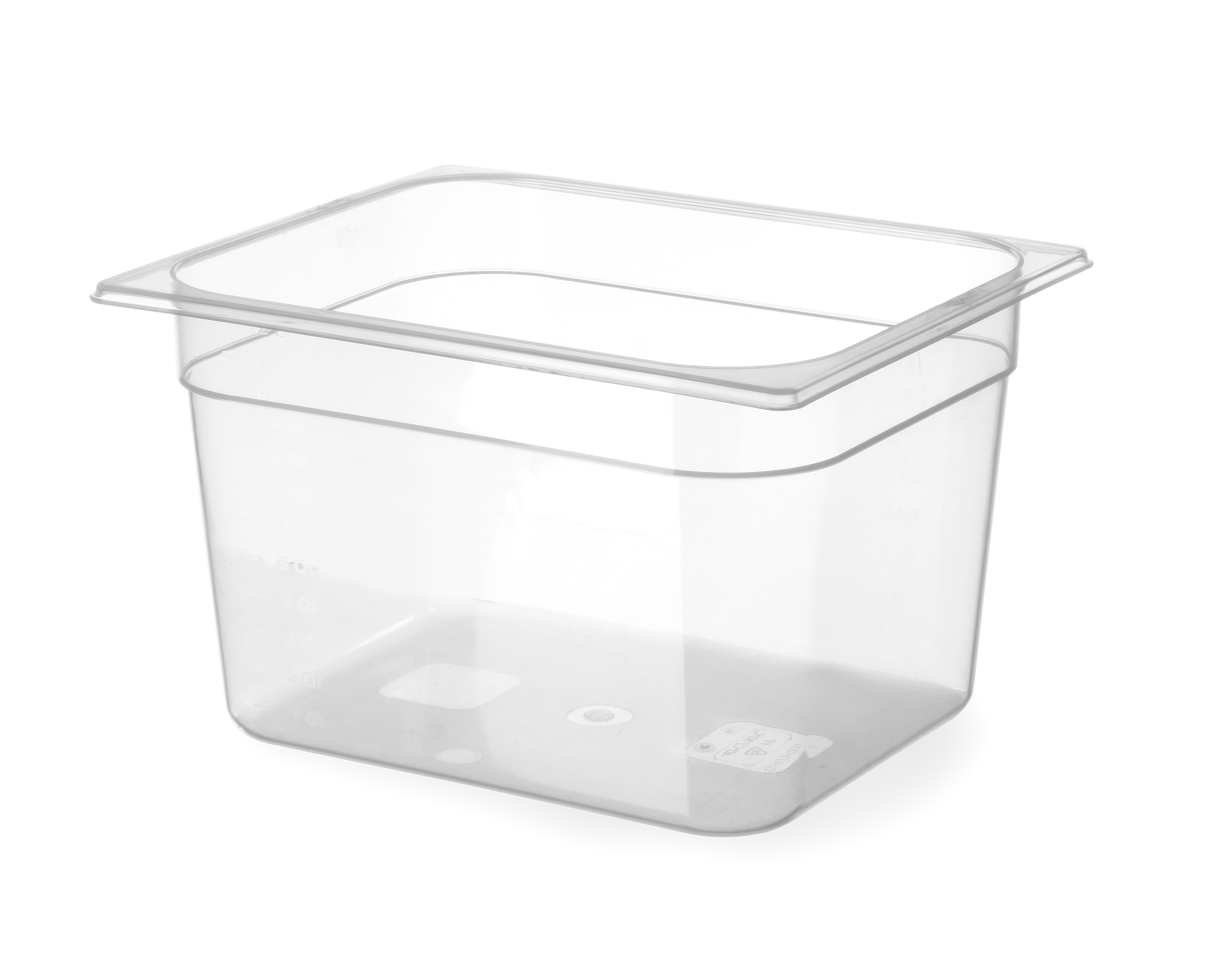 Contenitore di plastica trasparente. Forma quadrata. Sfondo bianco.