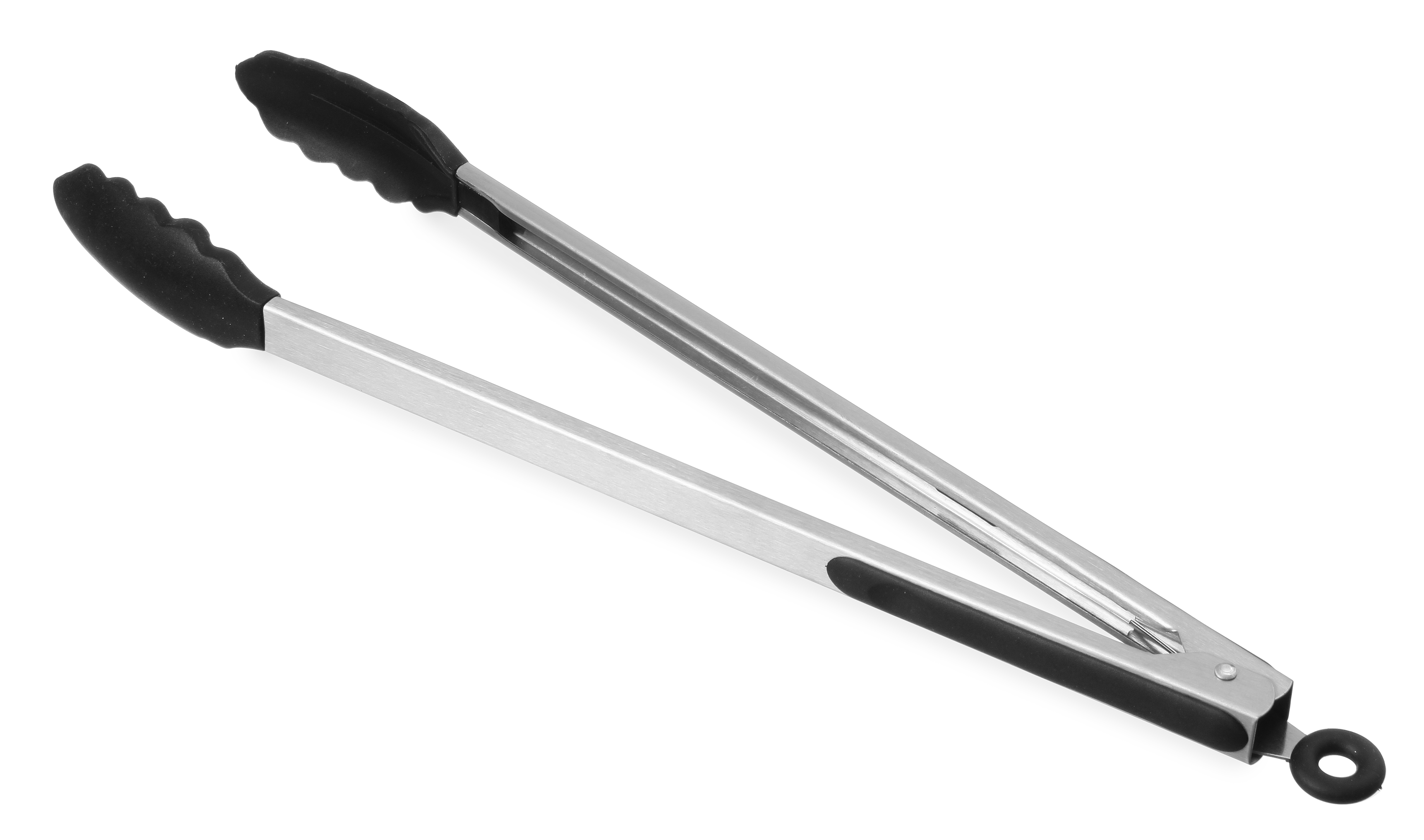 Pinze metalliche con impugnature in silicone nero. Aperte su sfondo bianco.