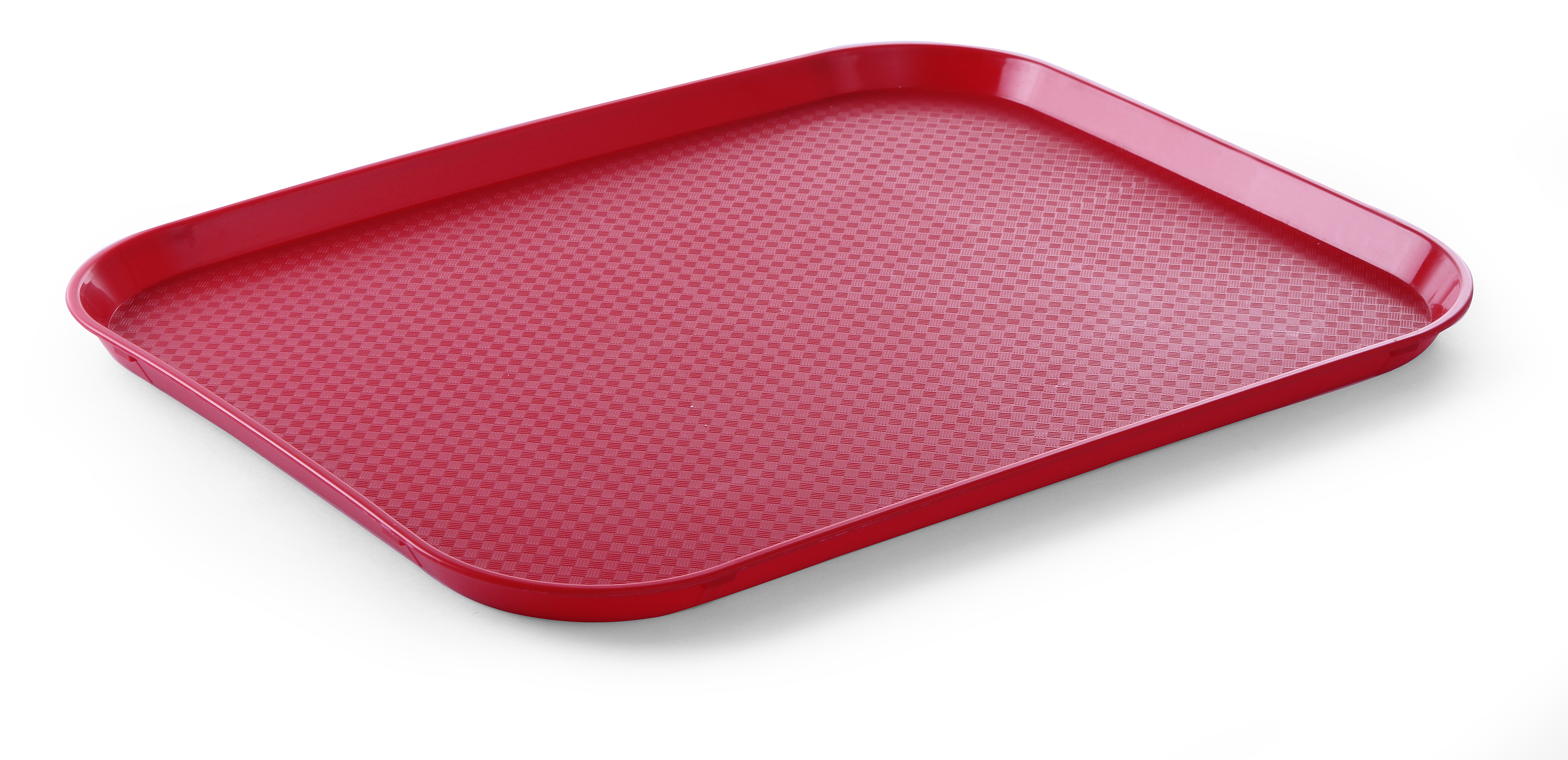 Un vassoio di plastica rosso con superficie strutturata, angolato su sfondo bianco.