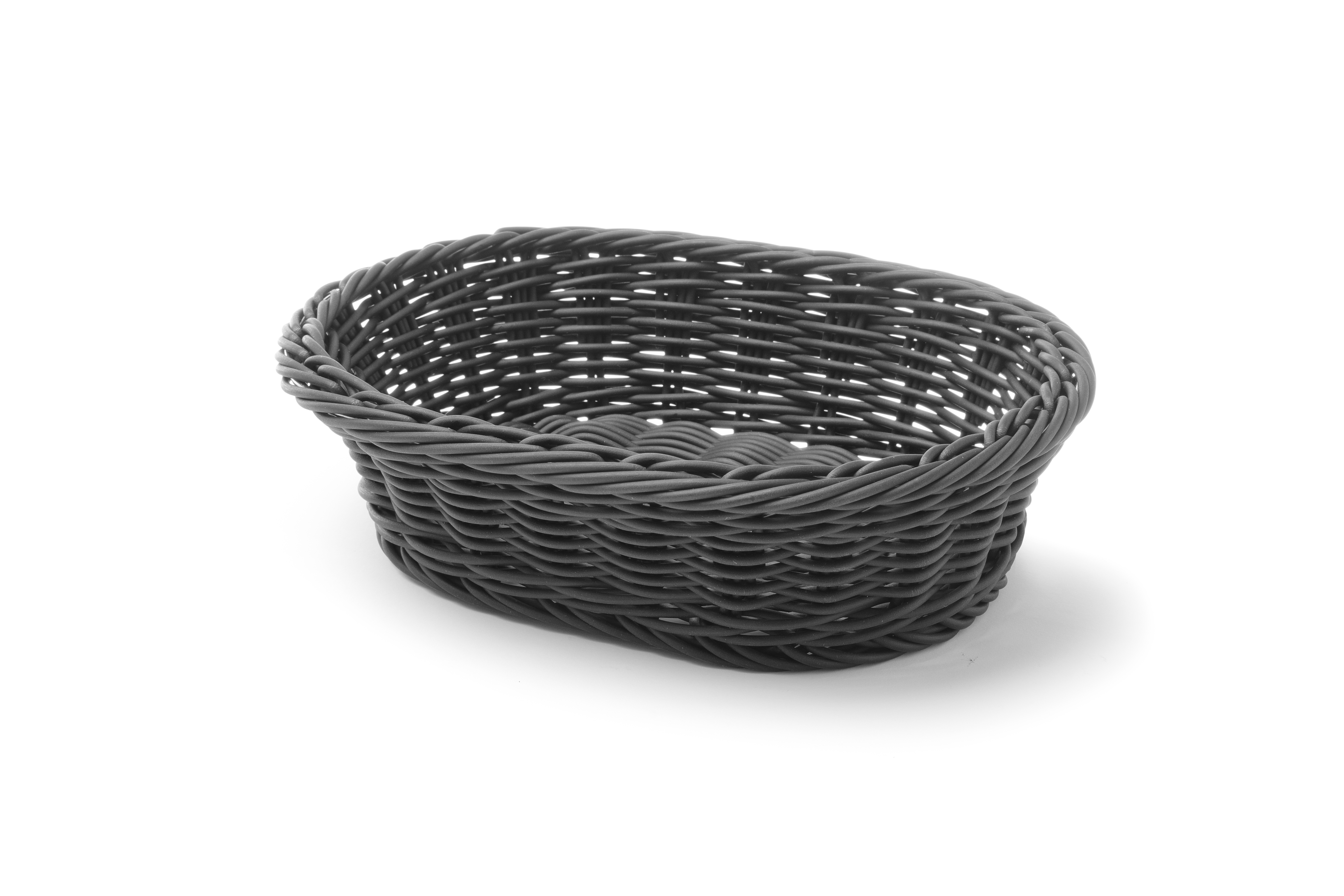 Un cesto ovale grigio con un design intrecciato su sfondo bianco.