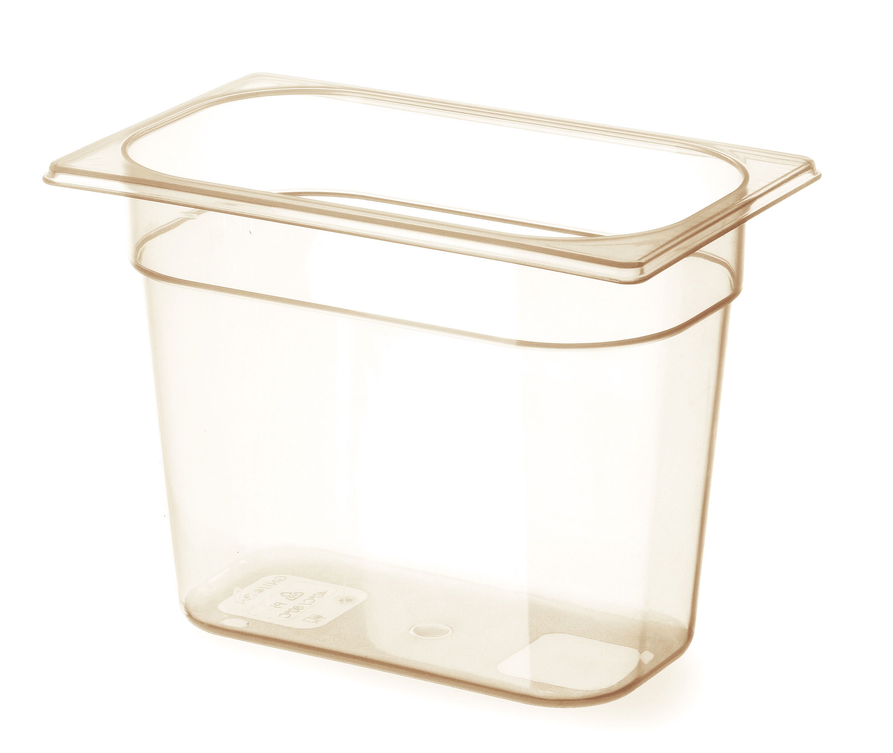 Contenitore per alimenti in plastica trasparente su bianco. Rettangolare con coperchio.