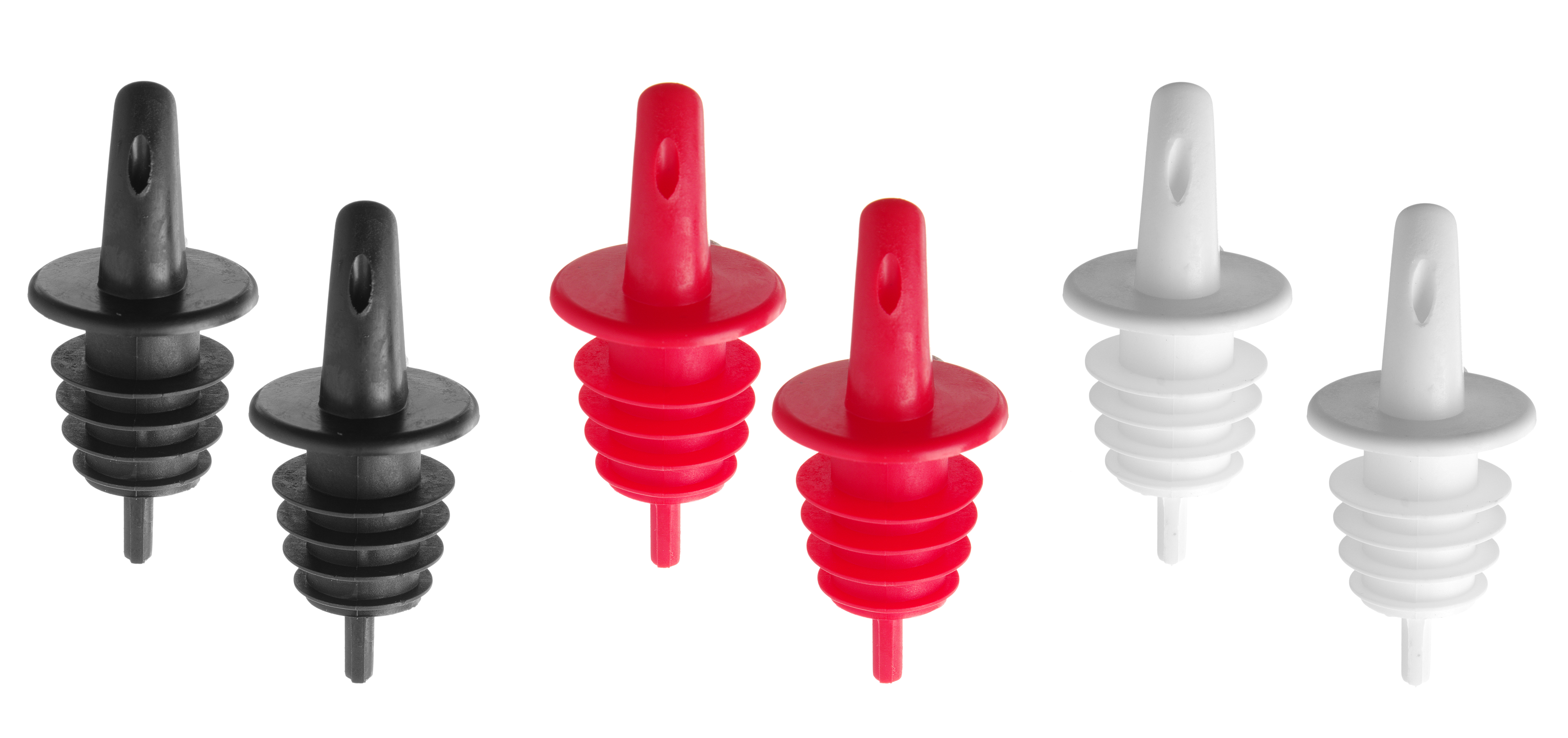 Sei versatori colorati. Nero, rosso e bianco. Isolati su sfondo bianco.