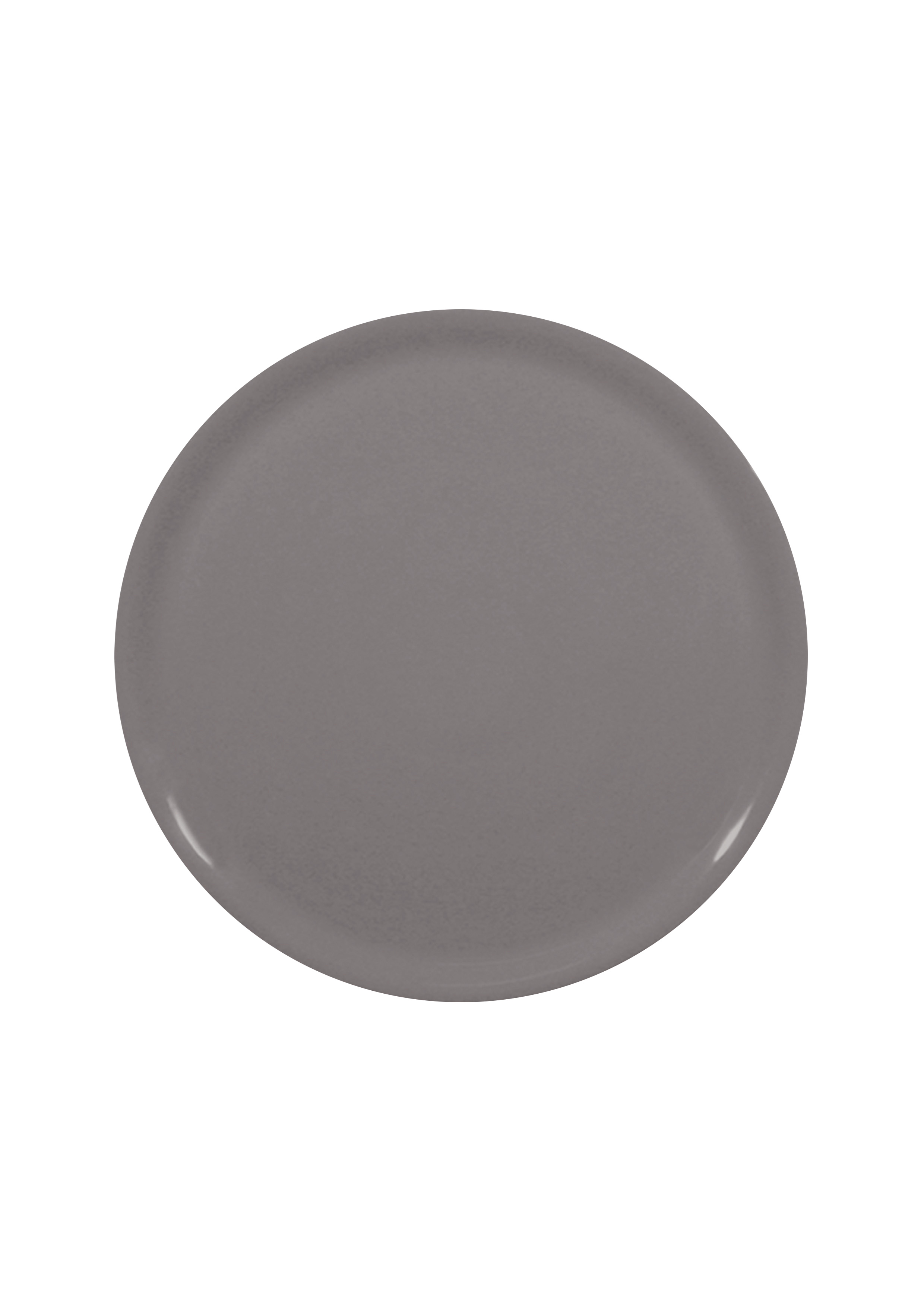Un piatto grigio, di forma circolare, su sfondo bianco.