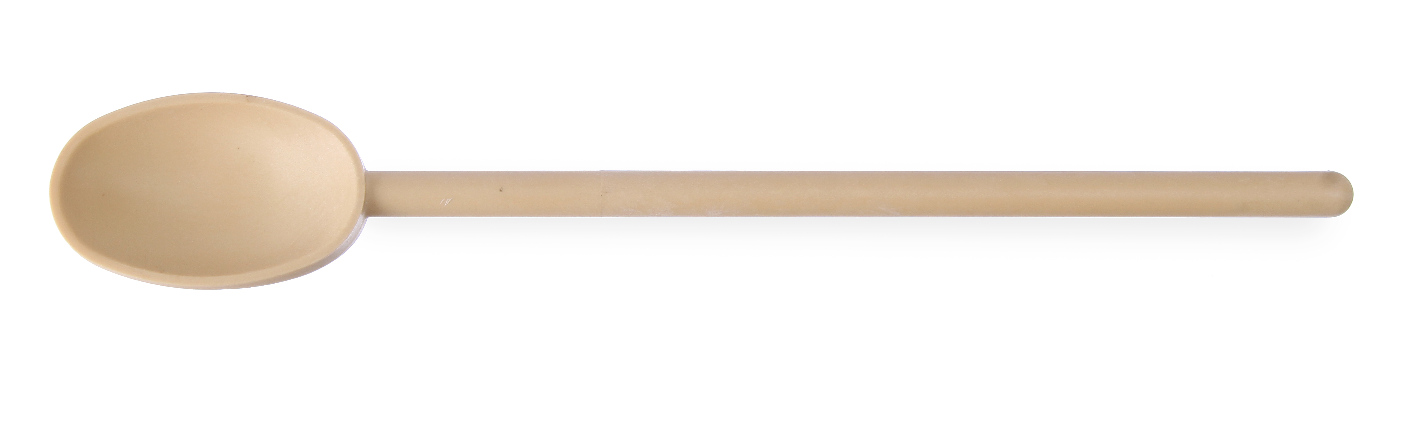 Un cucchiaio di legno beige. Lo sfondo è bianco.