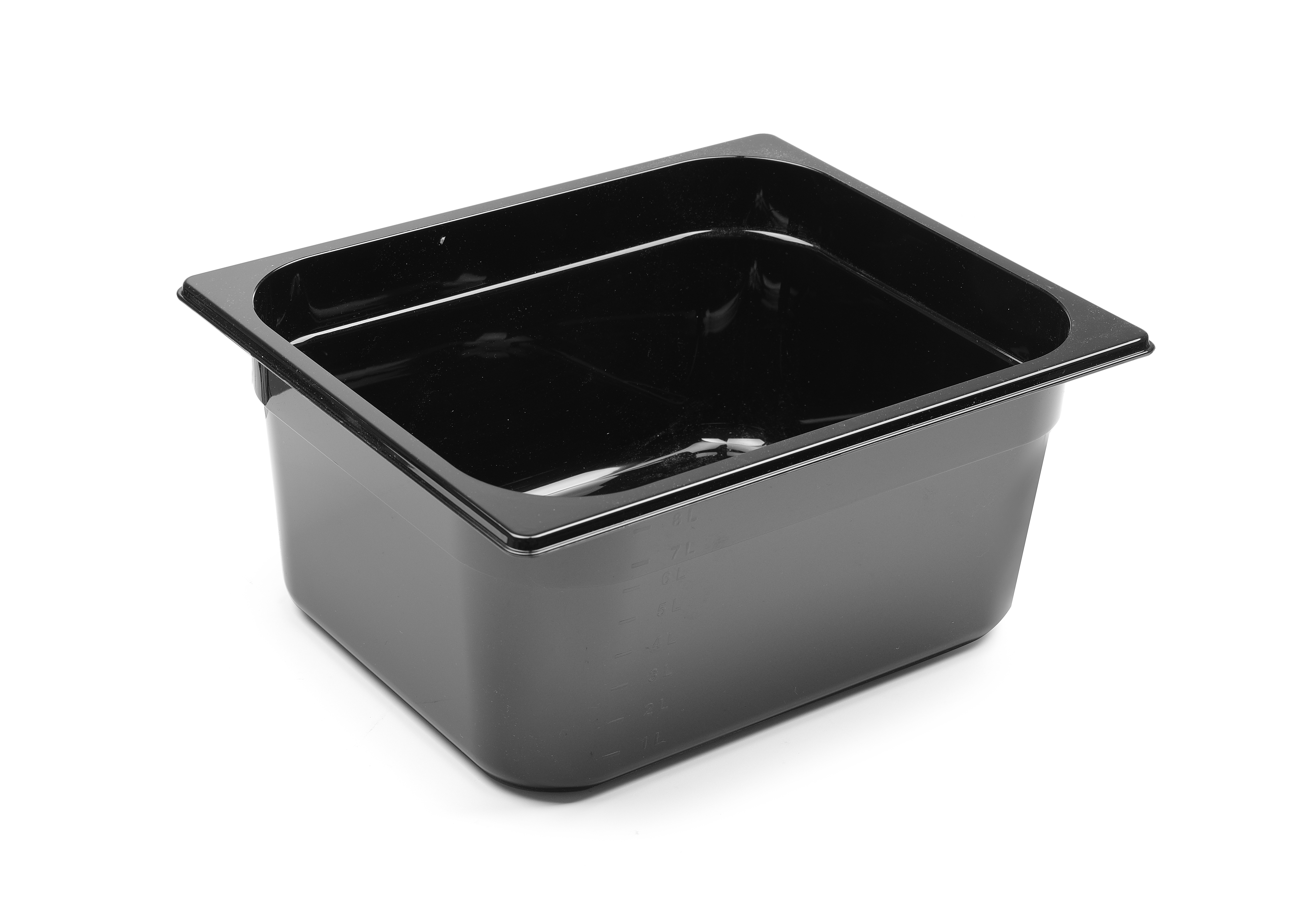 Contenitore per alimenti rettangolare nero su bianco. Vista angolata.