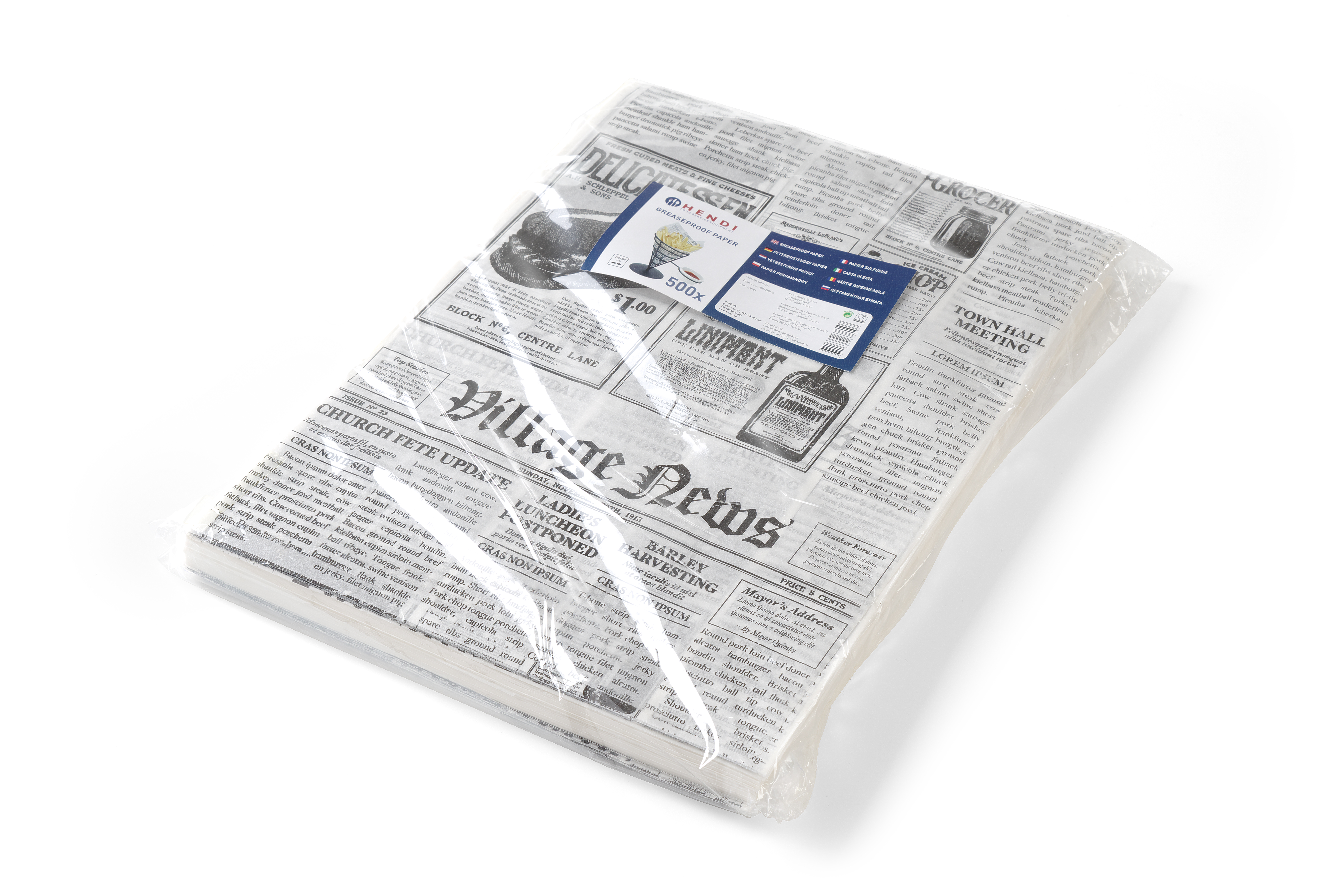Carta a tema giornale in involucro di plastica trasparente. Testo in bianco e nero. Sfondo bianco.