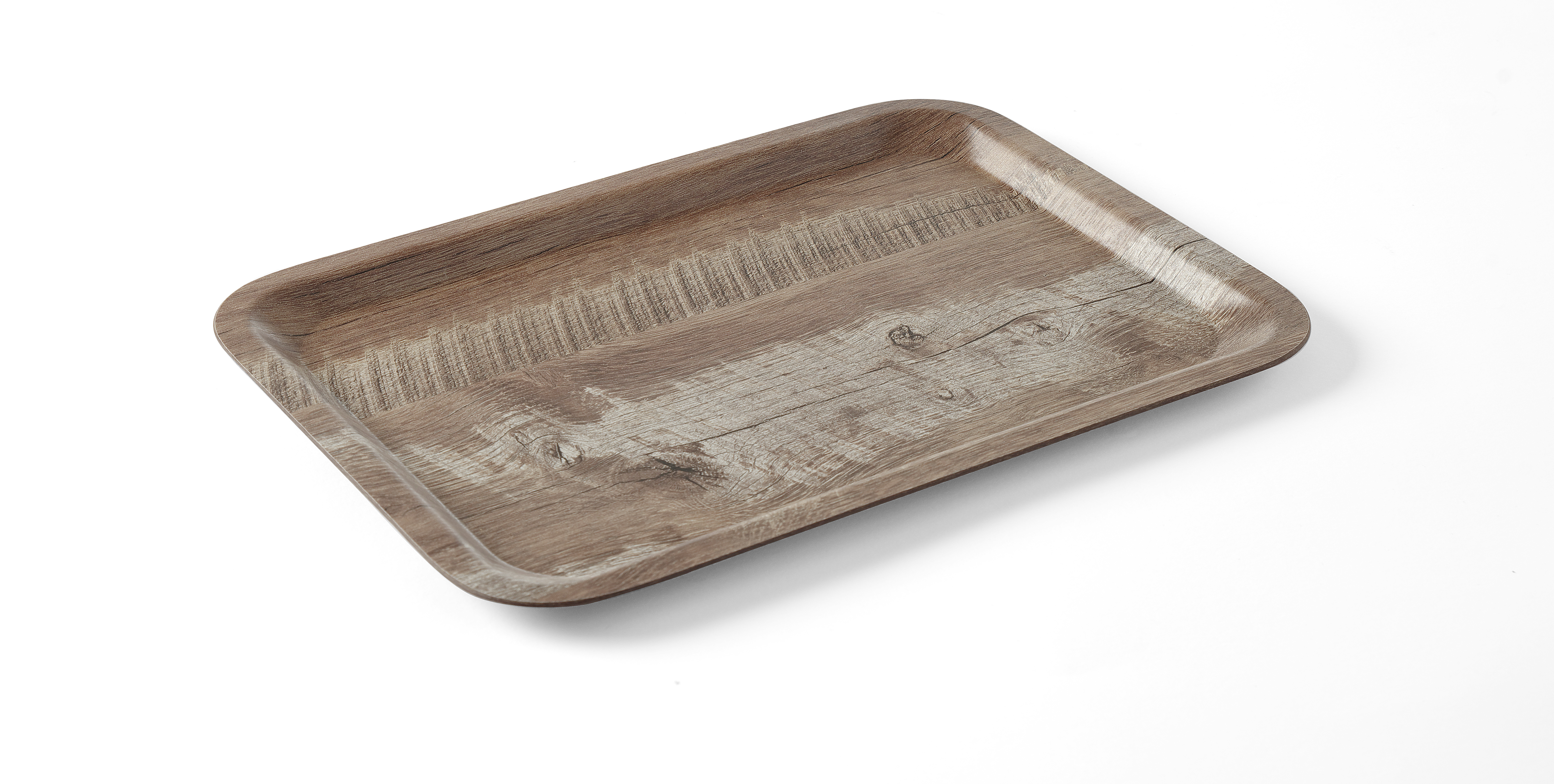 Vassoio in legno con motivo a venature. Rettangolare. Sfondo bianco.