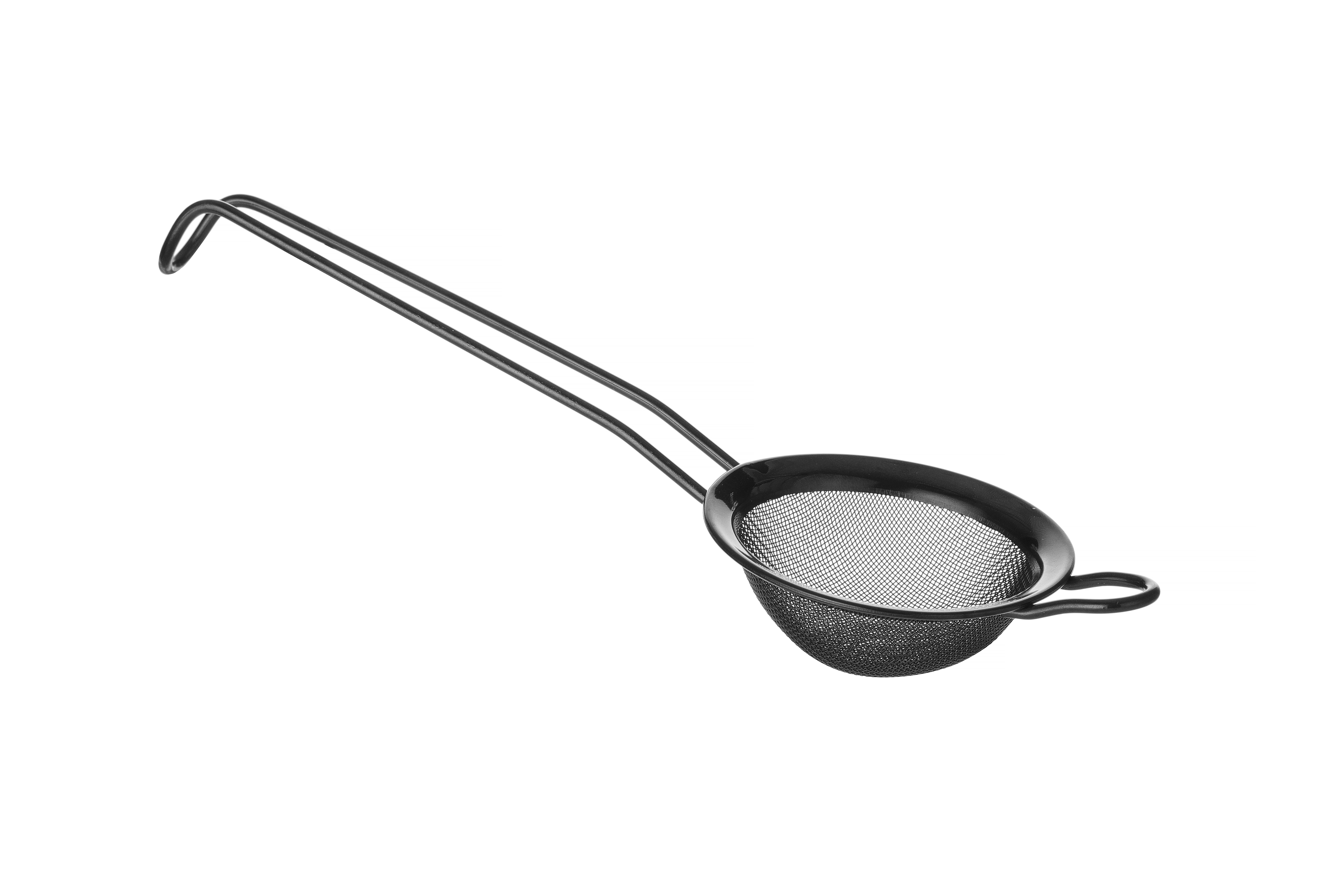 Colino in metallo nero con manico lungo, isolato su sfondo bianco.