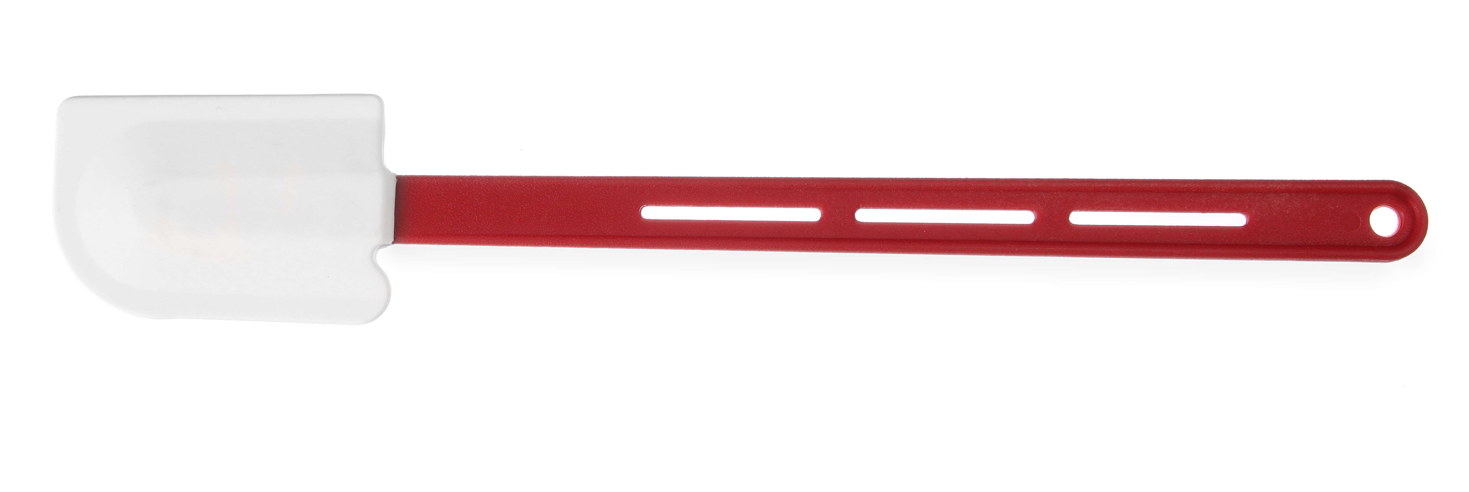 Una spatola rossa e bianca su sfondo bianco, vista dall'alto.