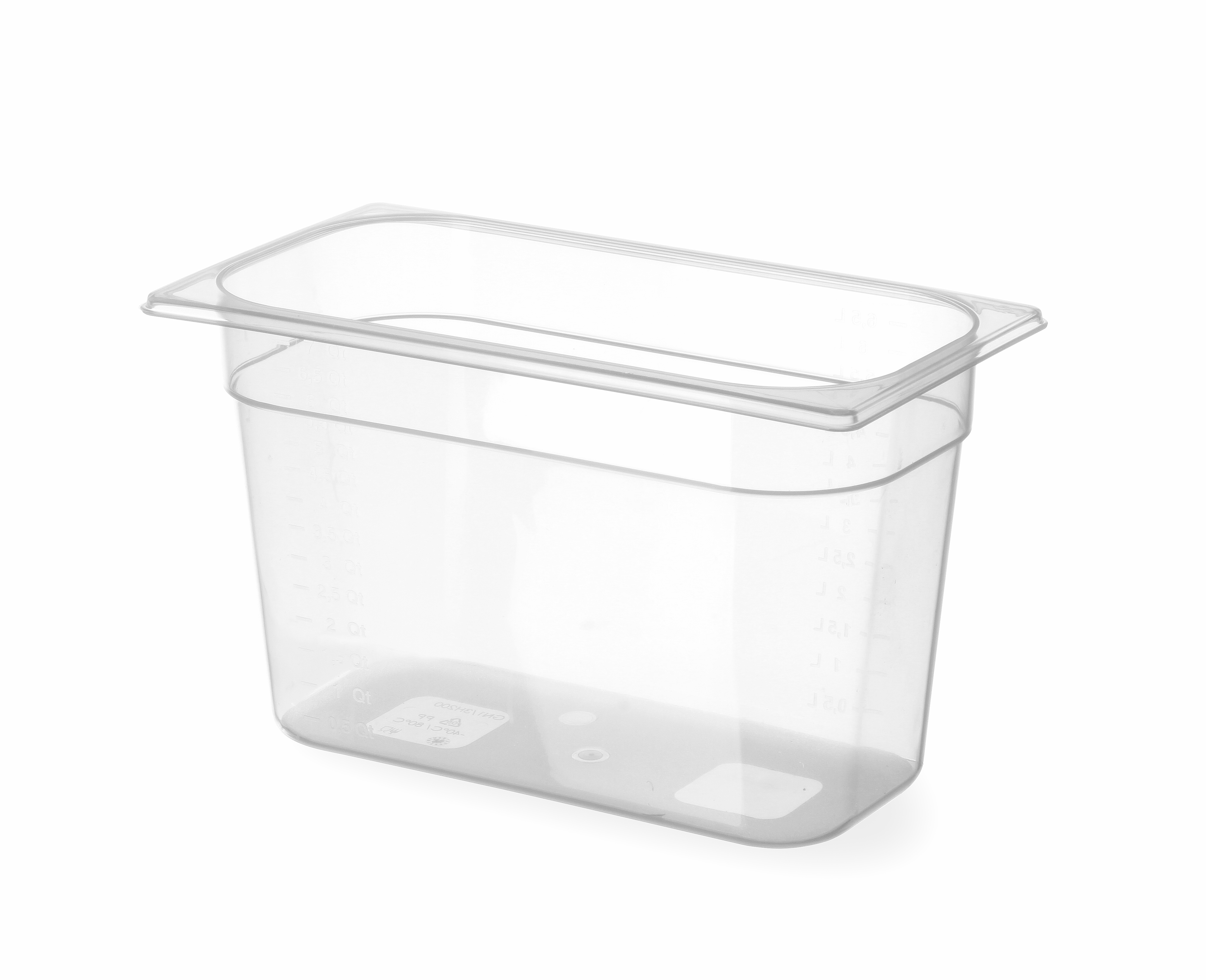 Contenitore per alimenti in plastica trasparente con coperchio. Sfondo bianco.