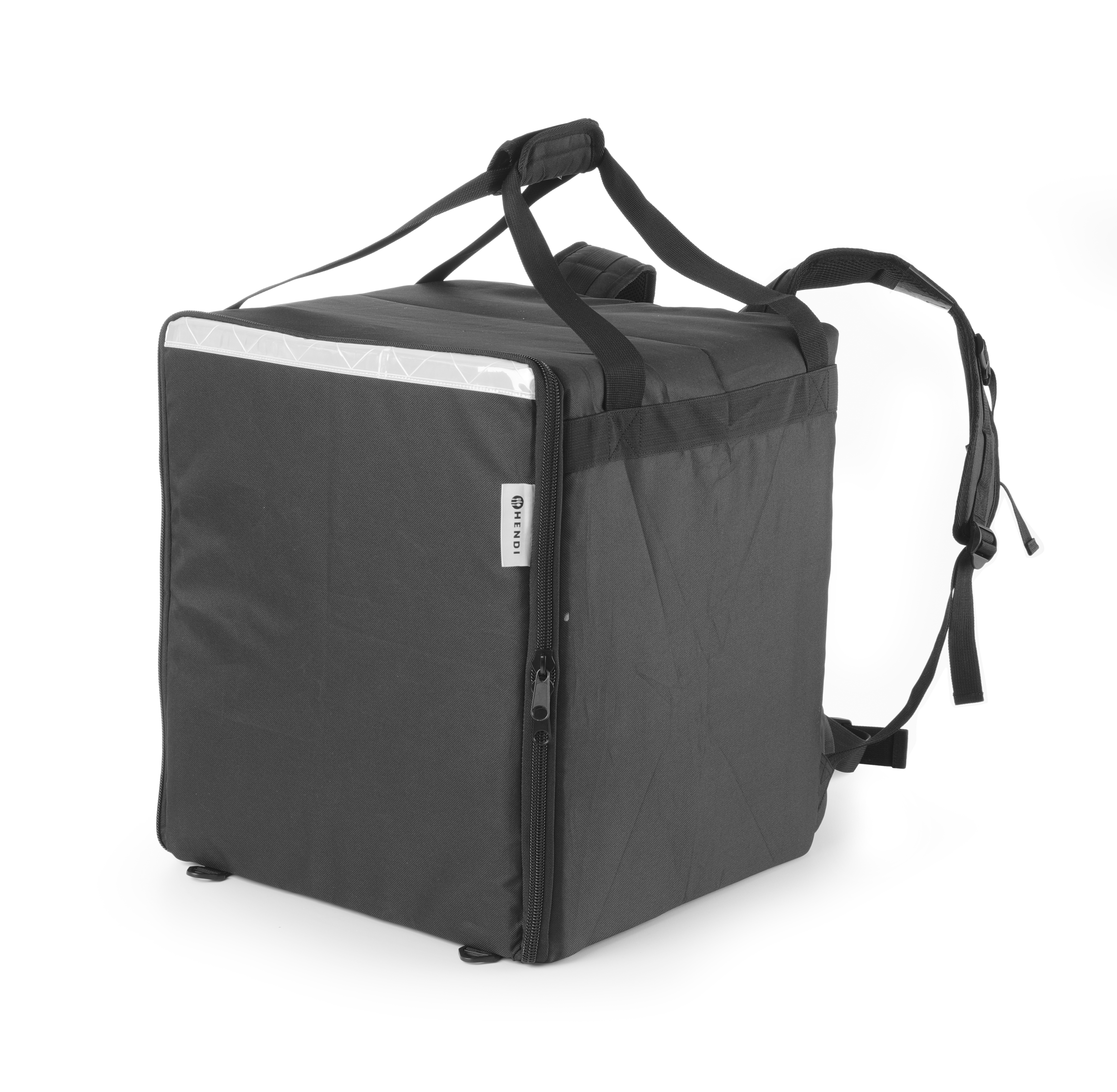 Borsa per la consegna nera con cinghie e cerniera. Sfondo bianco.