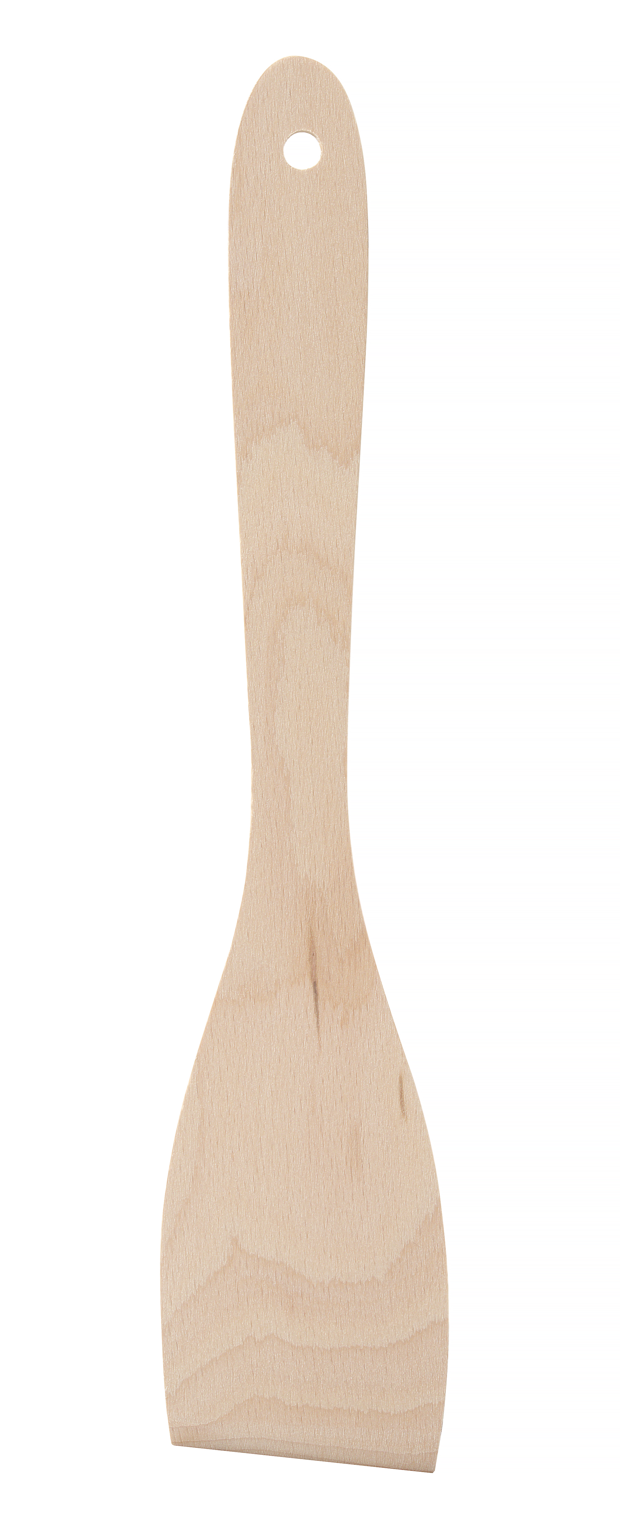 Spatola di legno con un foro nel manico. La spatola è beige. Sfondo bianco.