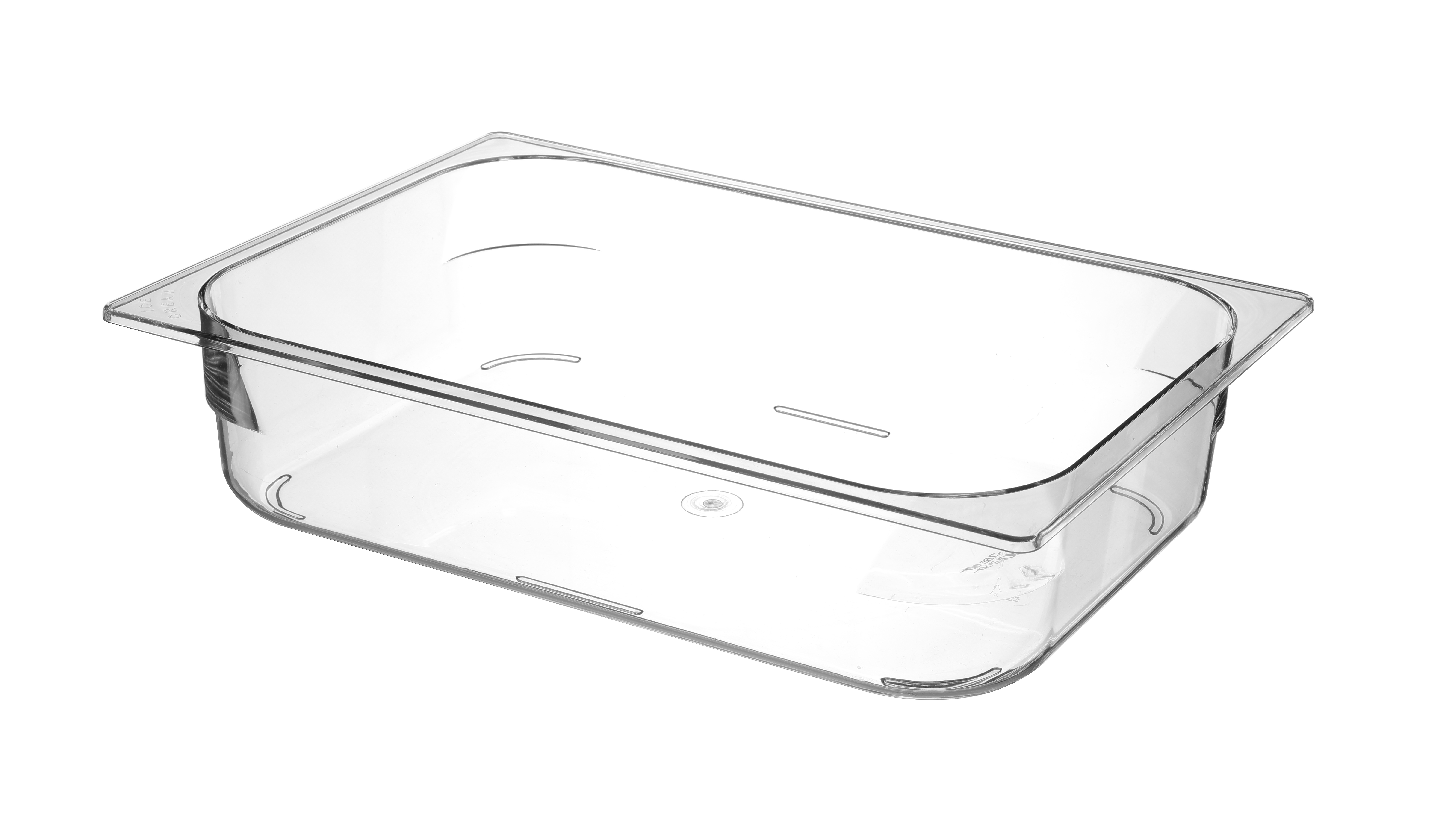 Un contenitore trasparente rettangolare per alimenti su sfondo bianco.
