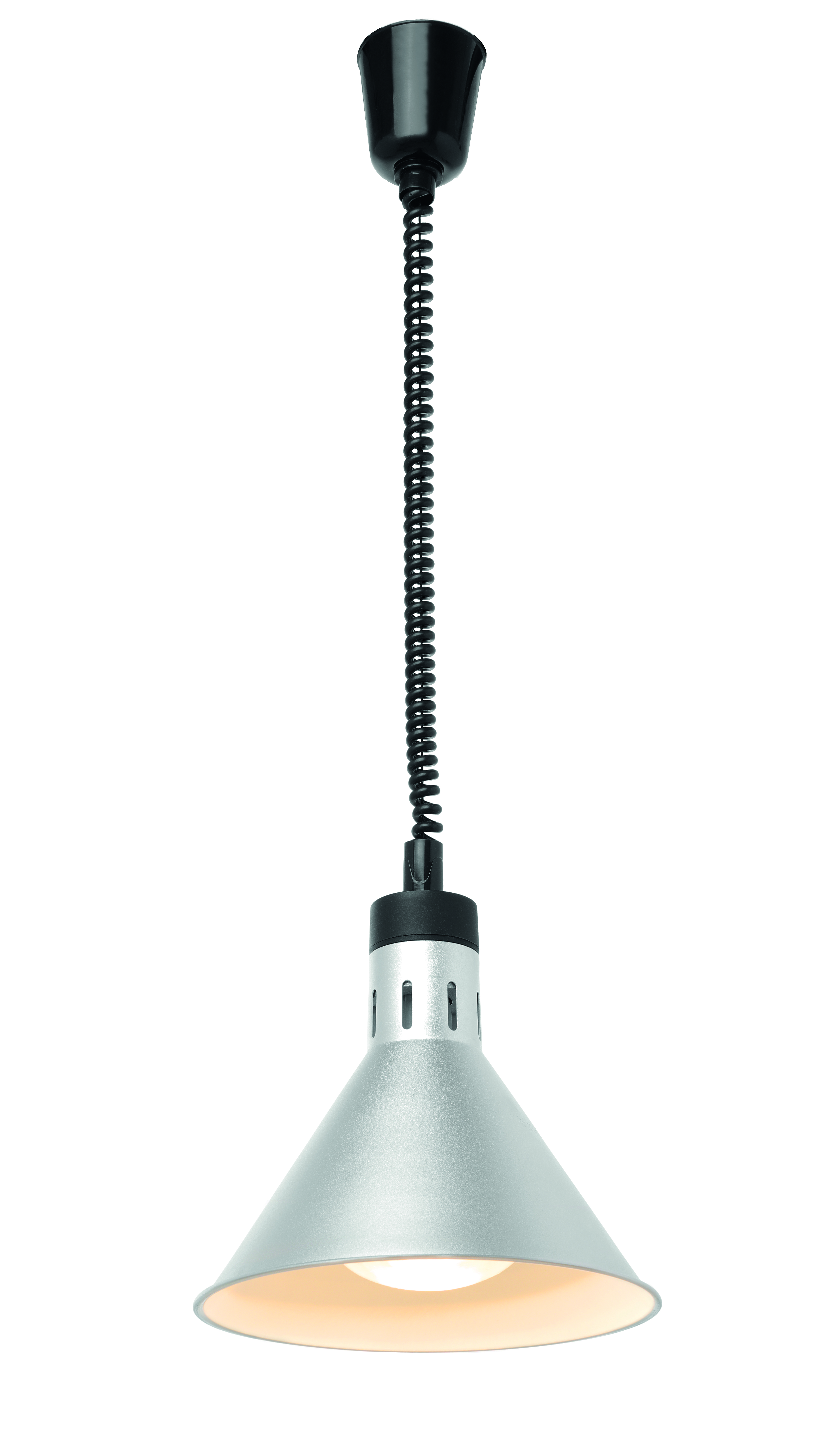 Lampada a sospensione argentata con paralume conico e cavo a spirale, su bianco.