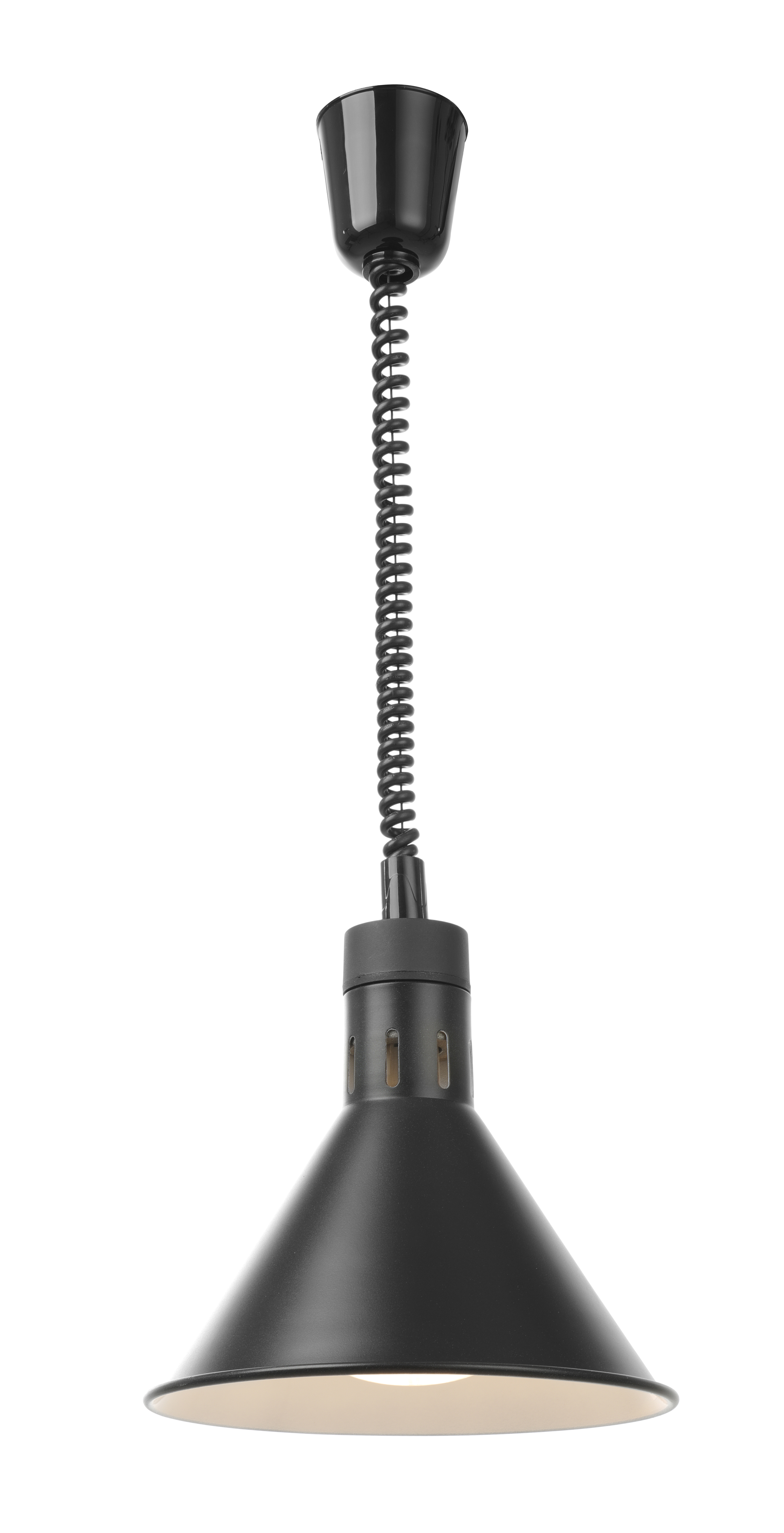 Lampada a sospensione nera con paralume conico e cavo a spirale. Sfondo bianco.