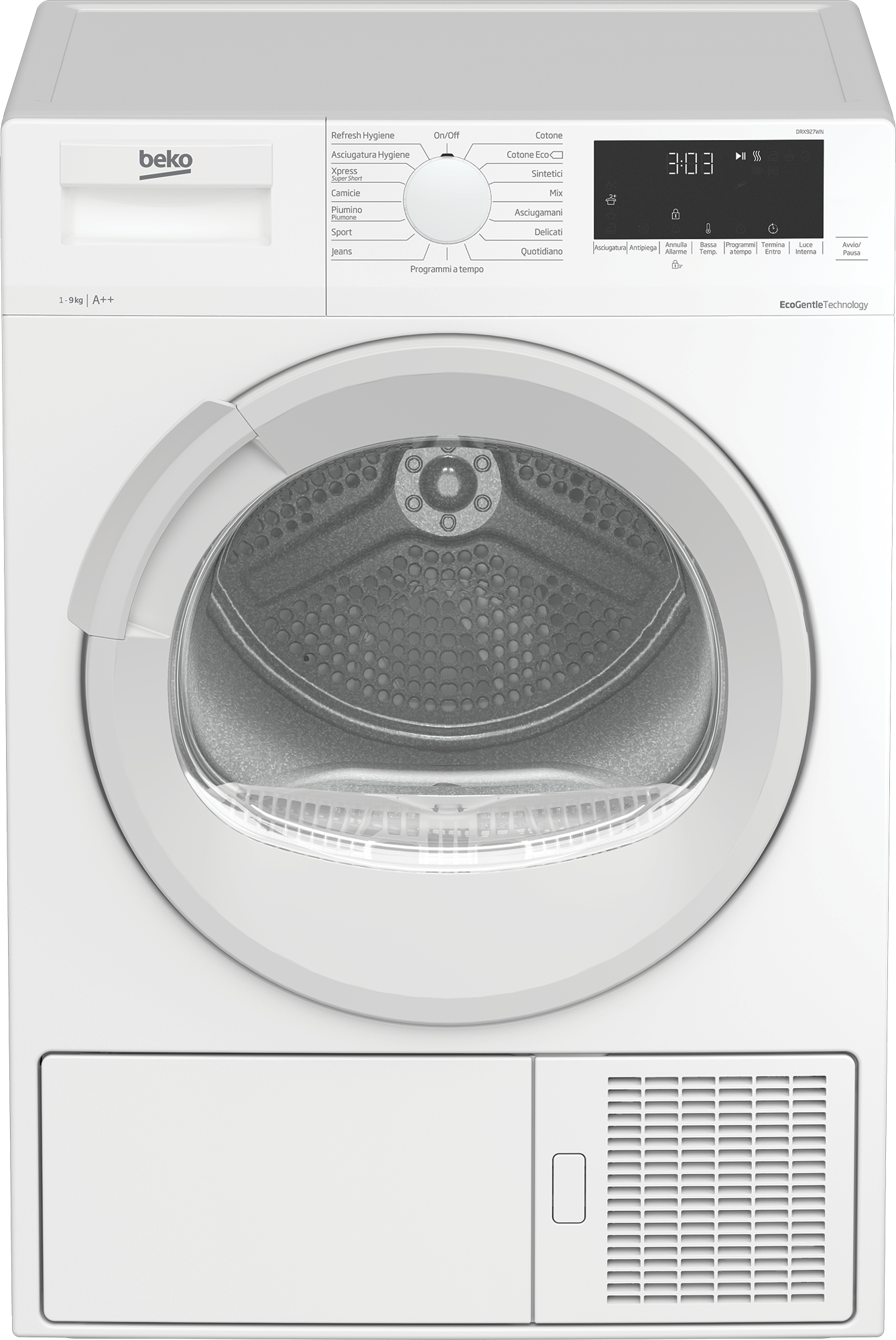 Un'asciugatrice Beko bianca. Pannello di controllo in alto, porta in basso. Sfondo bianco.