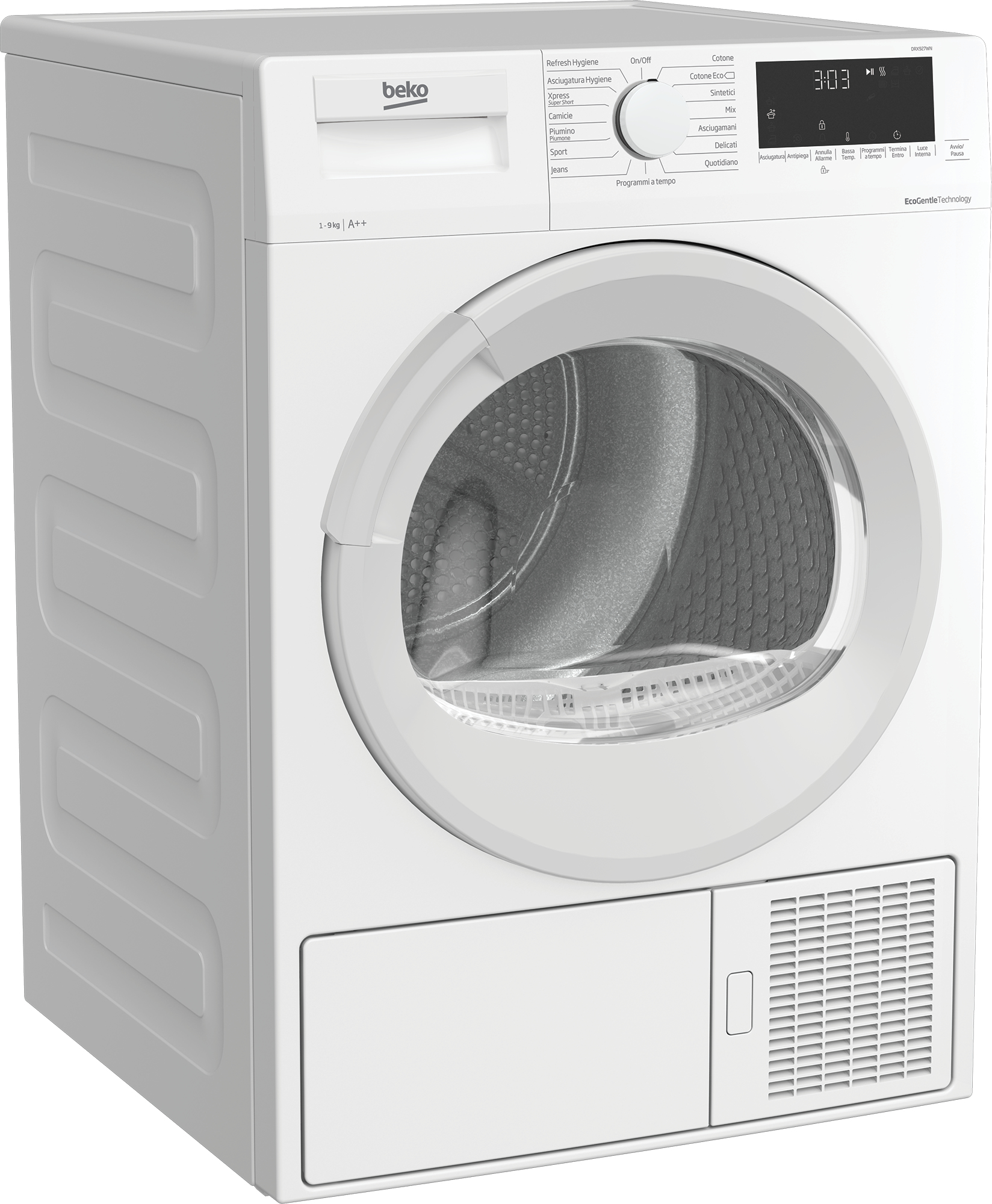Asciugatrice Beko bianca. Pannello comandi, porta e griglia.