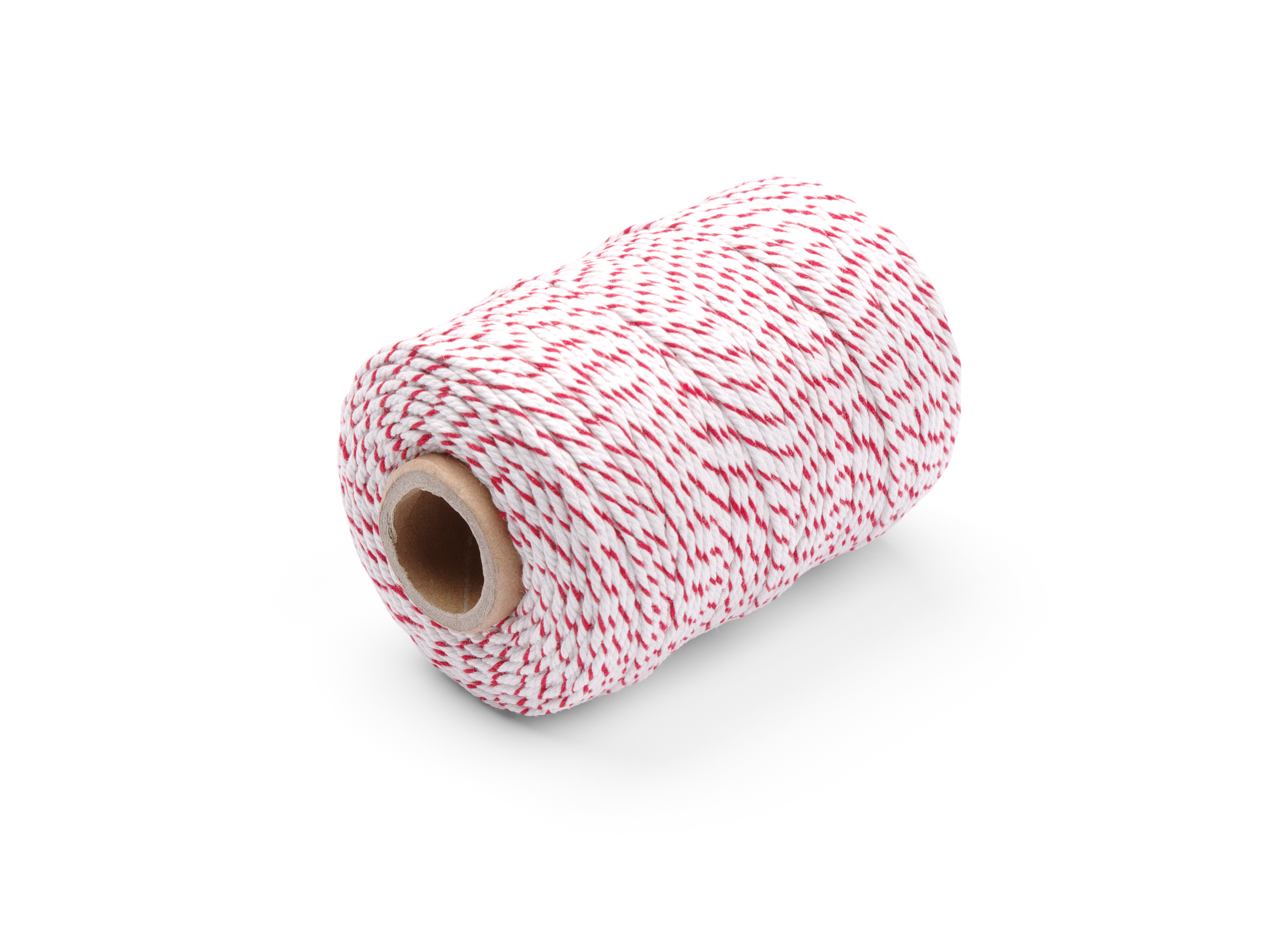 Rotolo di spago rosso e bianco su sfondo bianco.