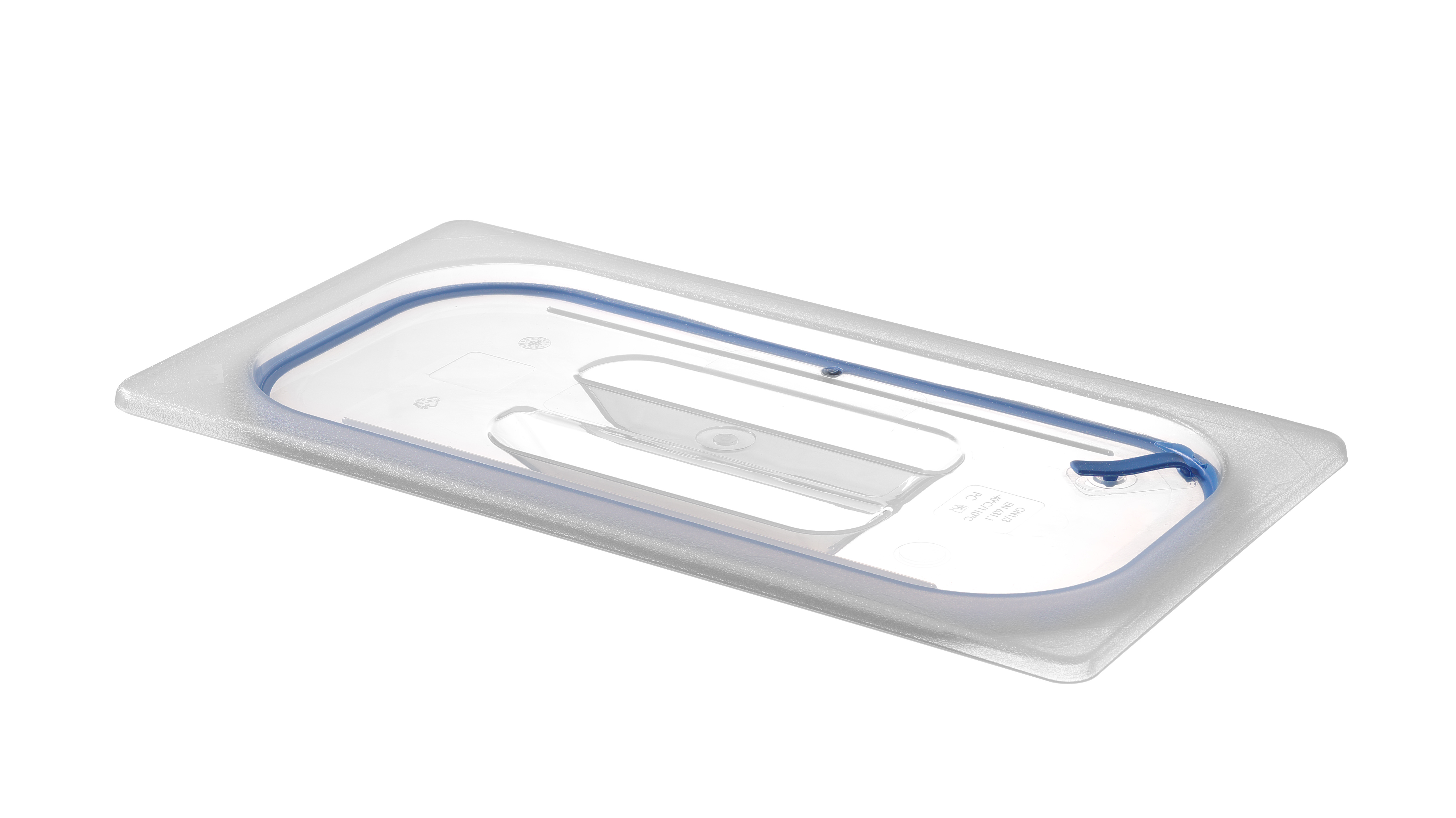 Un contenitore per alimenti rettangolare trasparente con bordo blu e due fori per maniglie.