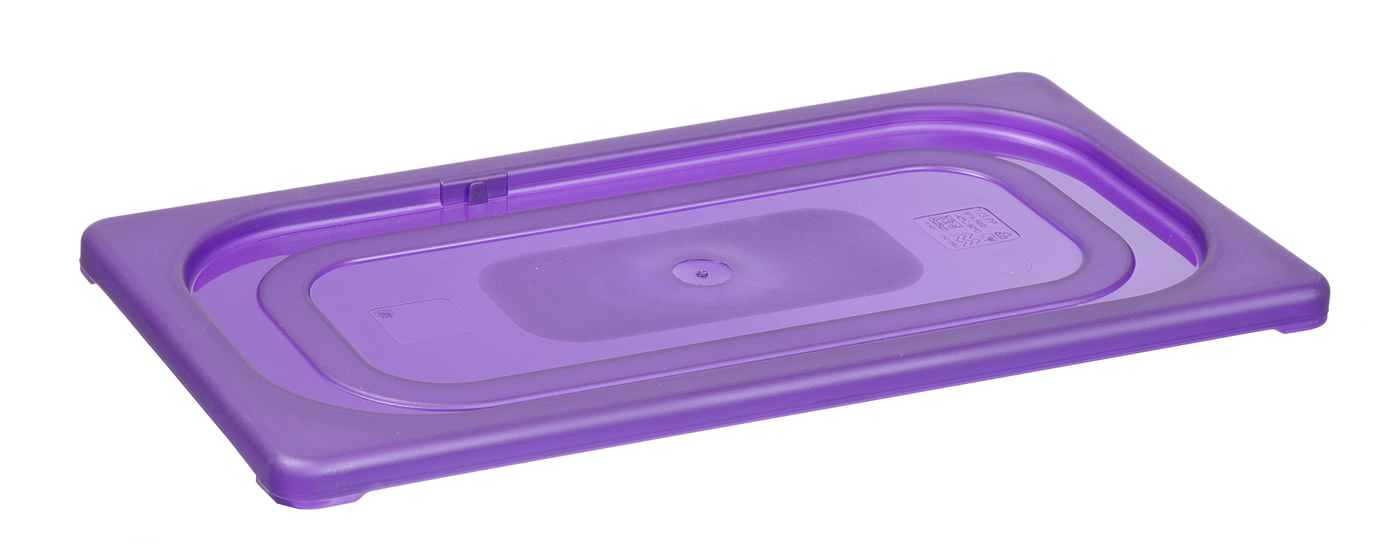 Contenitore per alimenti in plastica viola con coperchio su sfondo bianco.