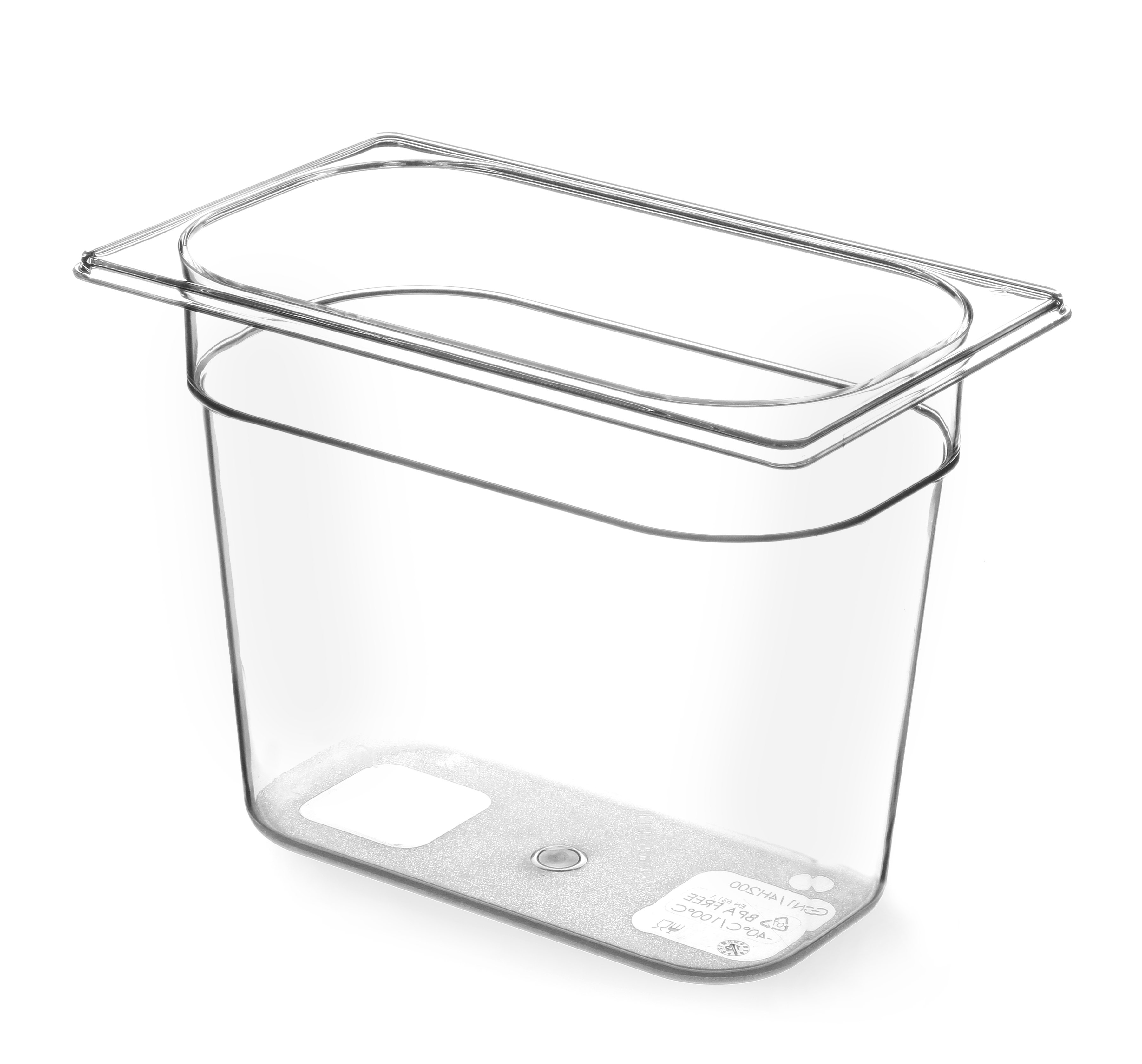 Contenitore per alimenti in plastica trasparente con coperchio su sfondo bianco.