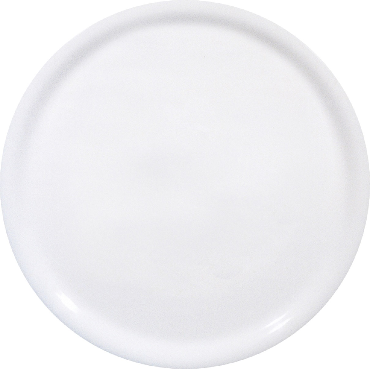 Piatto rotondo bianco, con bordo leggermente rialzato, su sfondo bianco.
