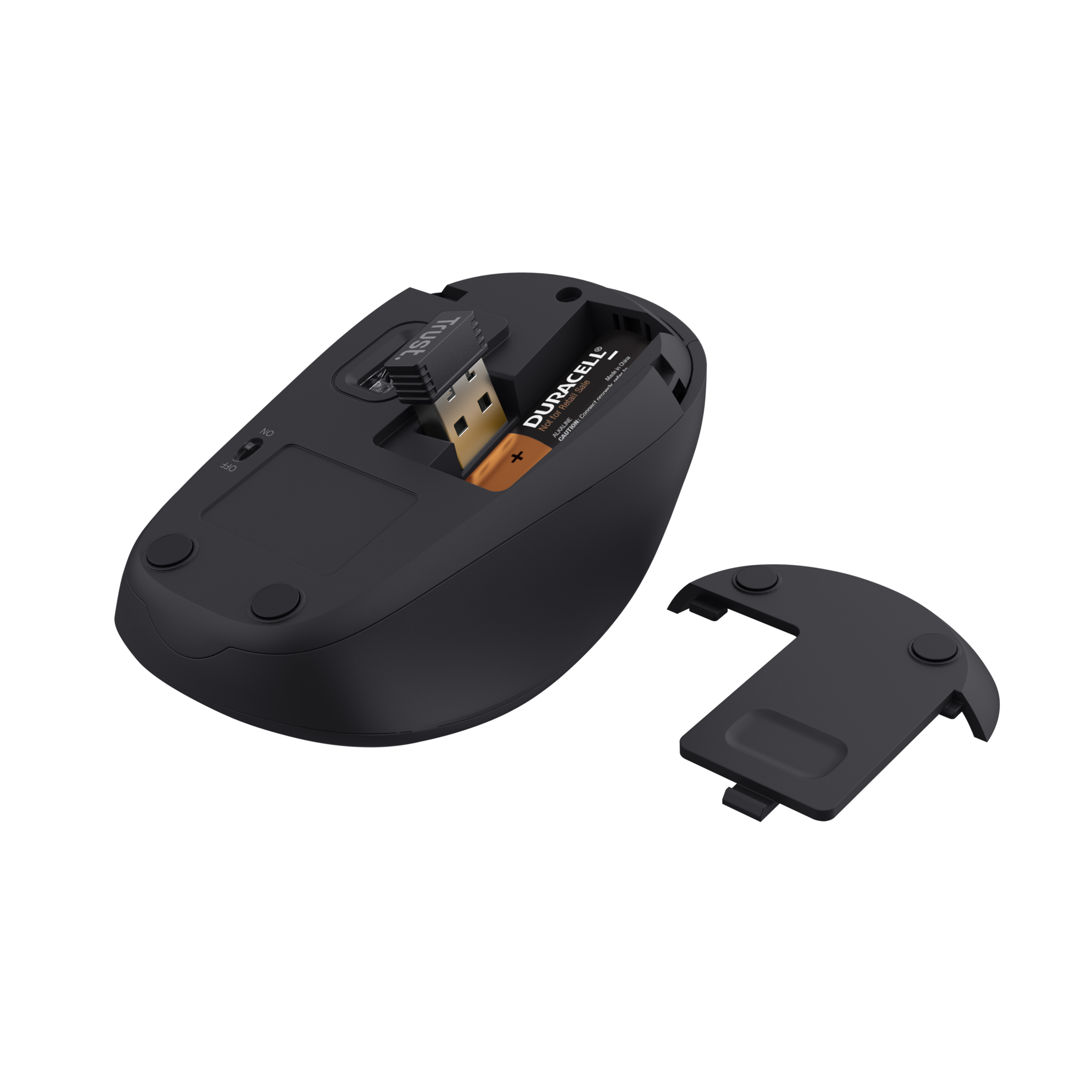 Souris noire avec compartiment à piles ouvert. Une pile Duracell et un récepteur USB sont à l'intérieur. Le couvercle est retiré.