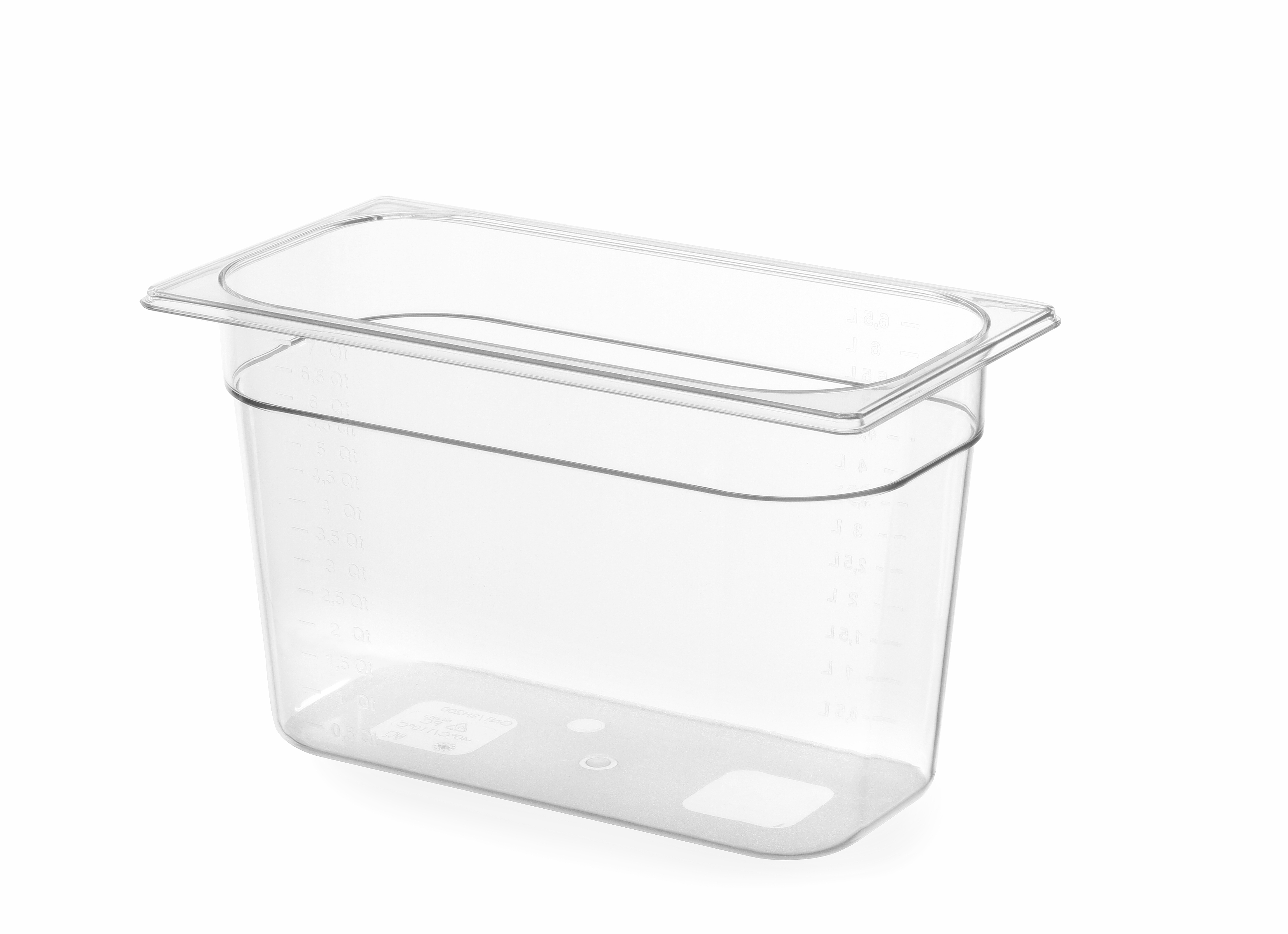 Contenitore di plastica trasparente con coperchio, posto su sfondo bianco.