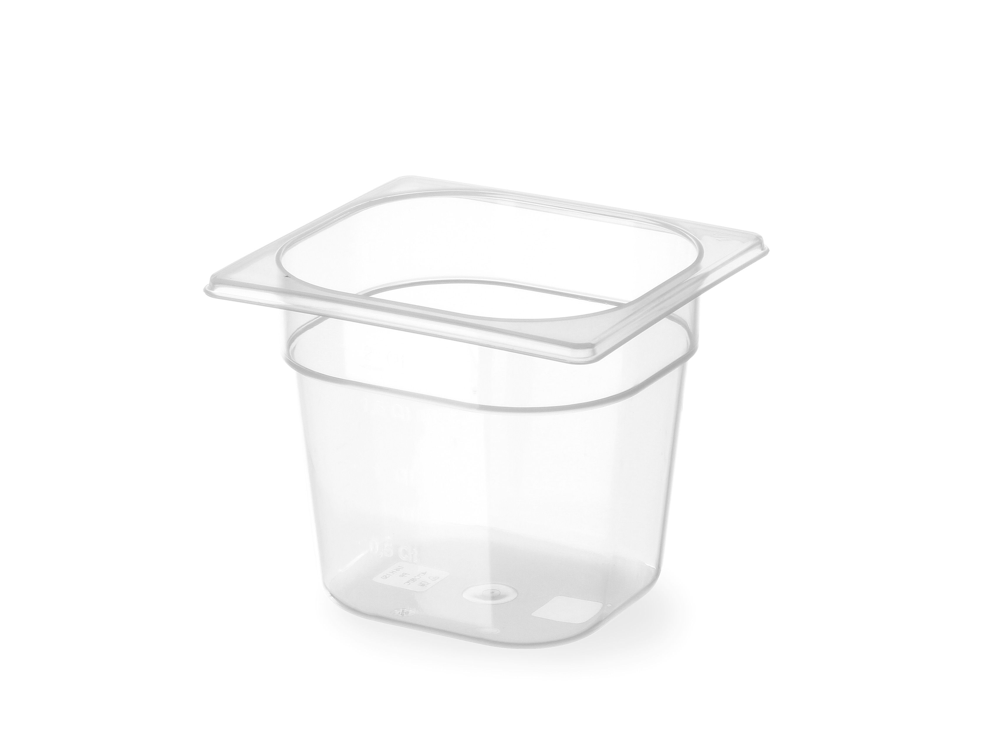 Contenitore di plastica trasparente con coperchio leggermente aperto su sfondo bianco.