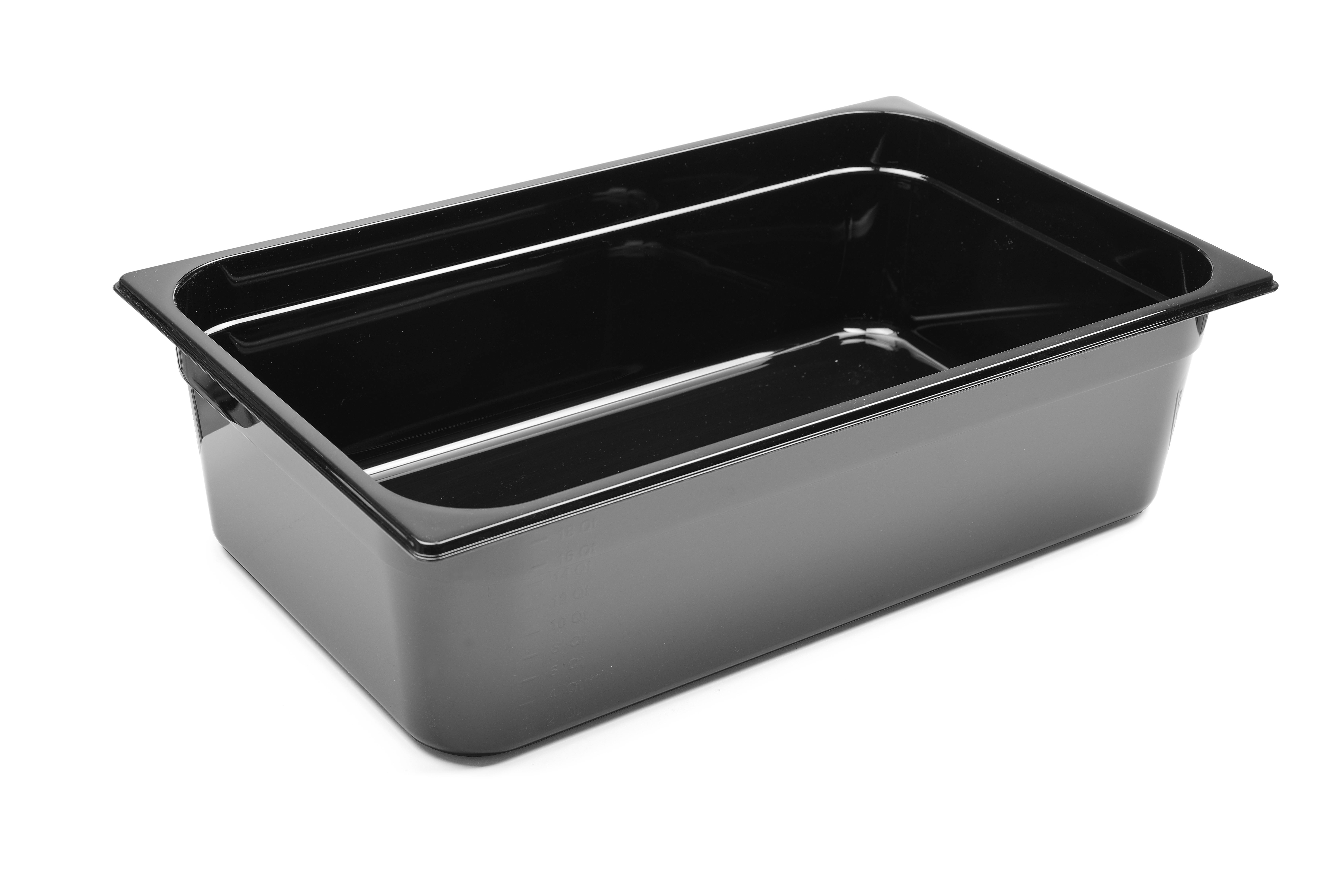 Contenitore per alimenti in plastica nera su sfondo bianco.