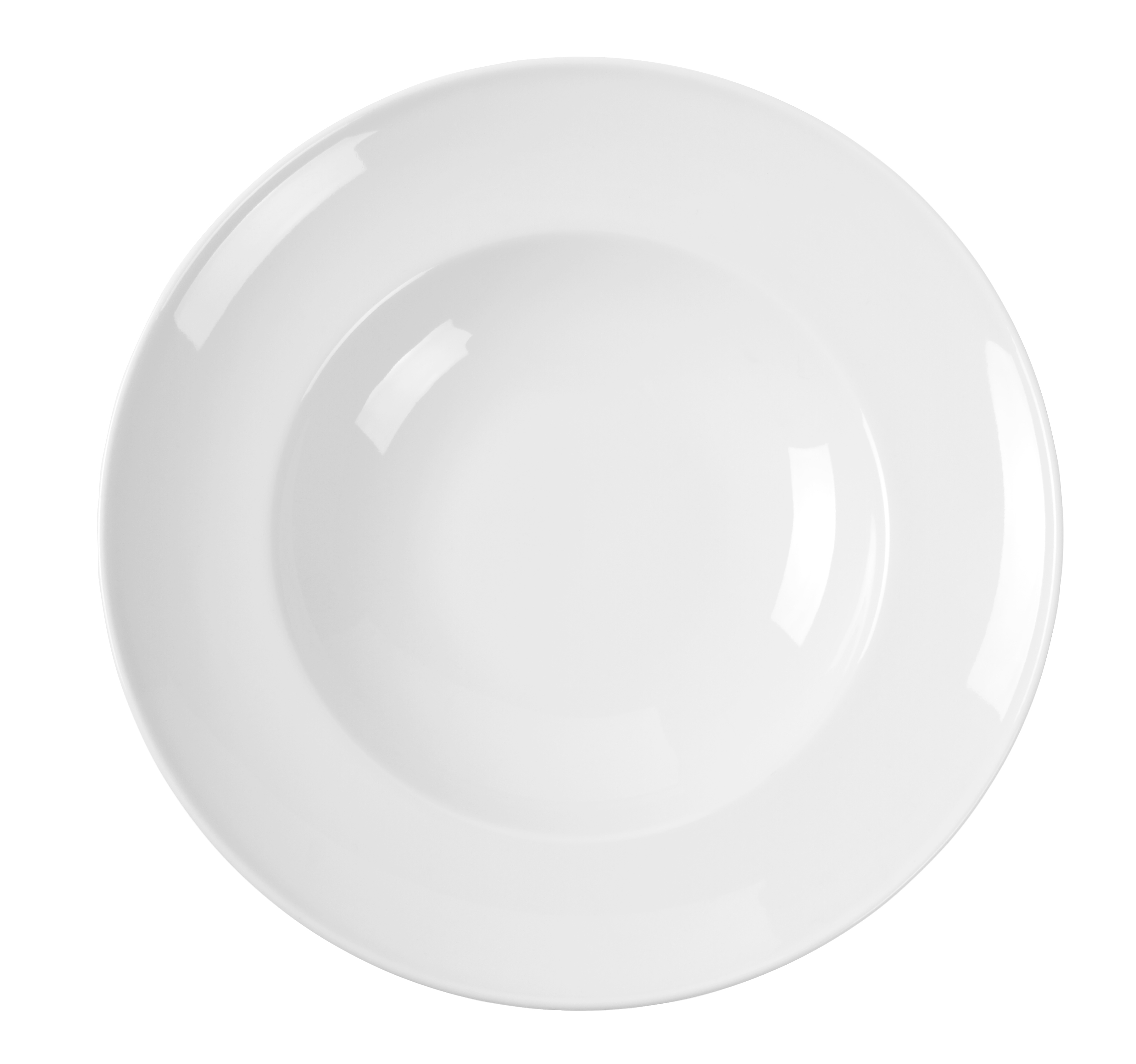 Piatto bianco, rotondo e vuoto su sfondo bianco.