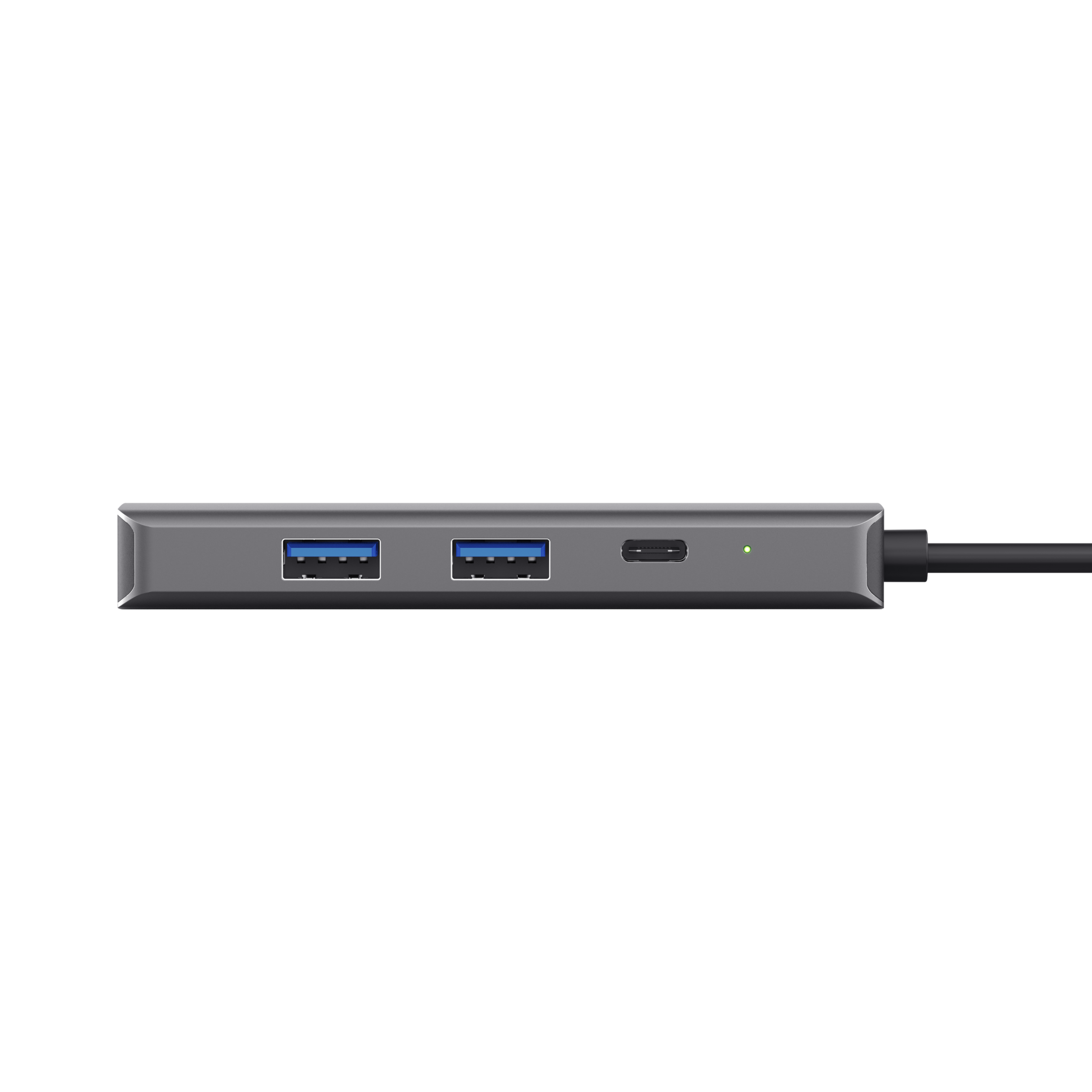 Grijze USB-hub met twee USB-poorten, een USB-C-poort en een indicatielampje.