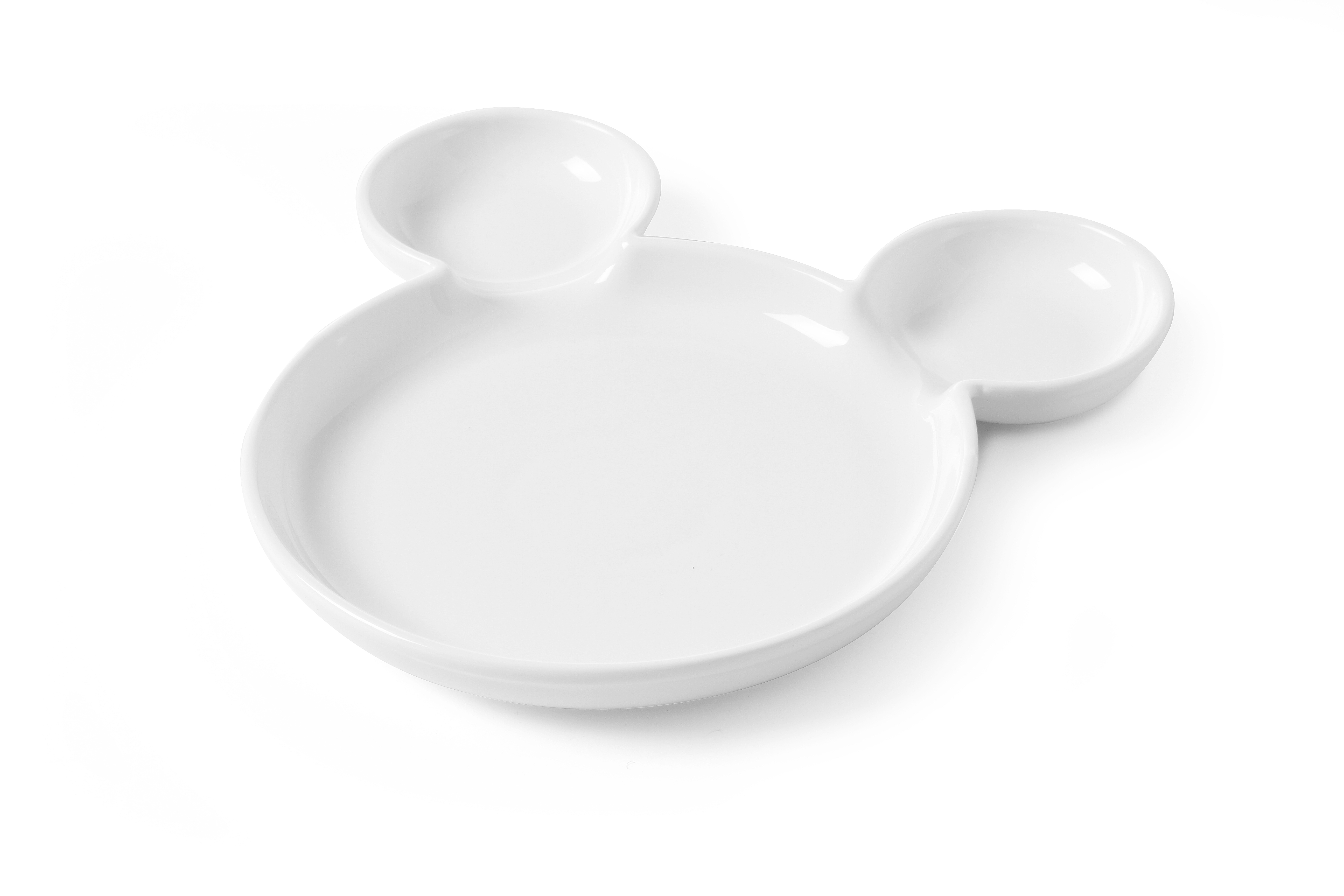 Piatto bianco a forma di Topolino su sfondo bianco, con tre incavi.