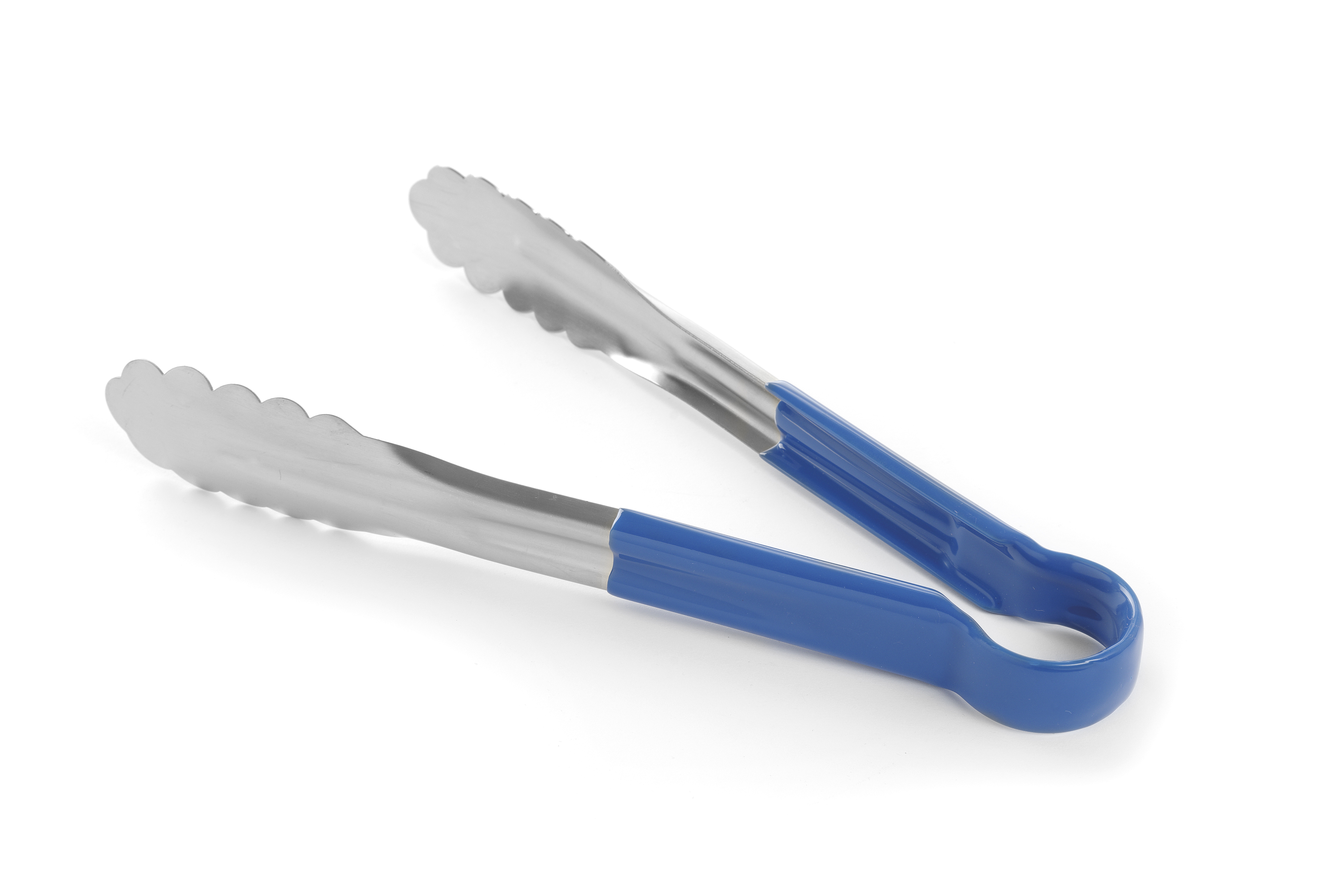 Pinze in acciaio inox con manici blu, su una superficie bianca, leggermente angolate.