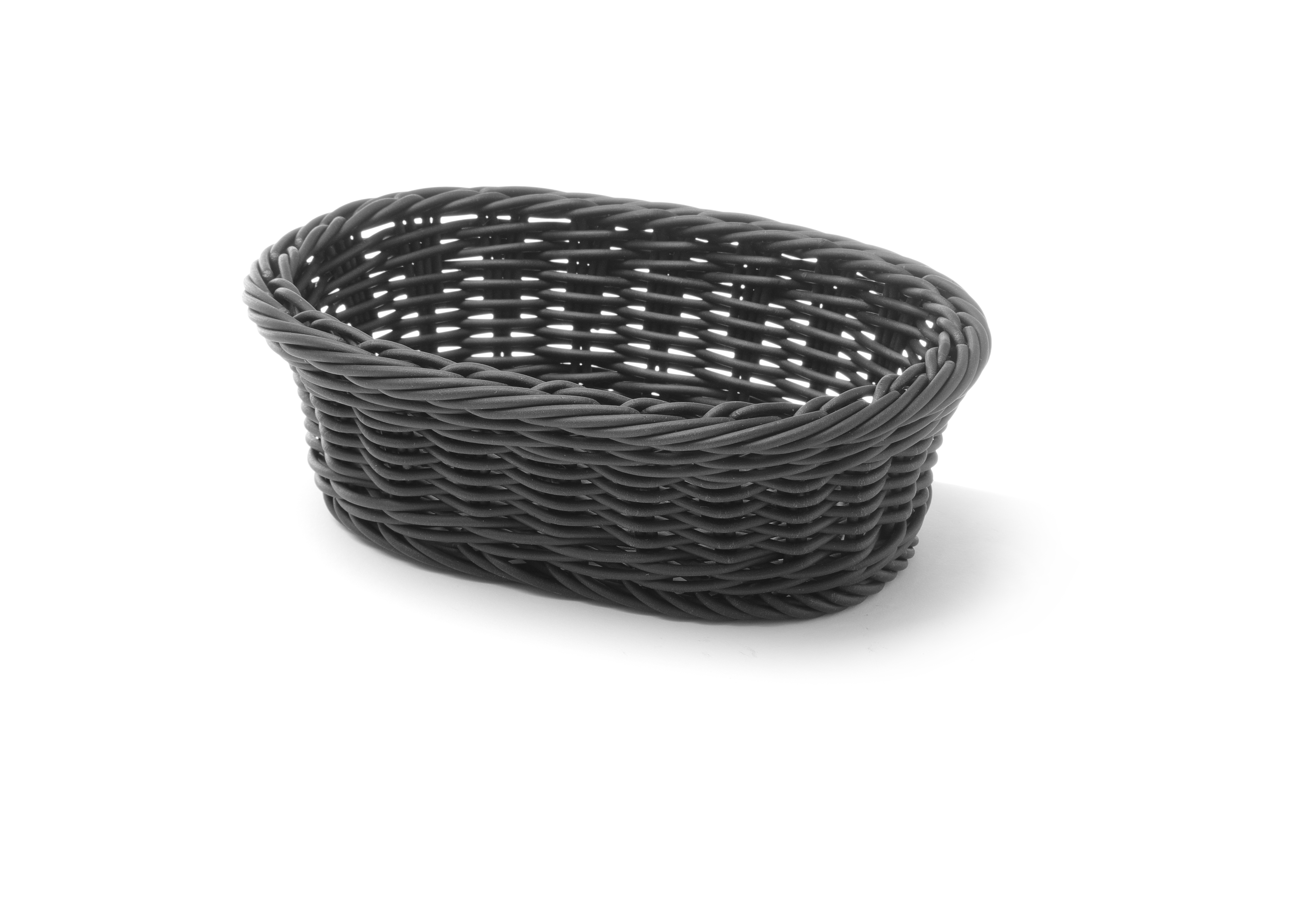 Cestino intrecciato grigio scuro su sfondo bianco. Forma ovale con superficie strutturata.