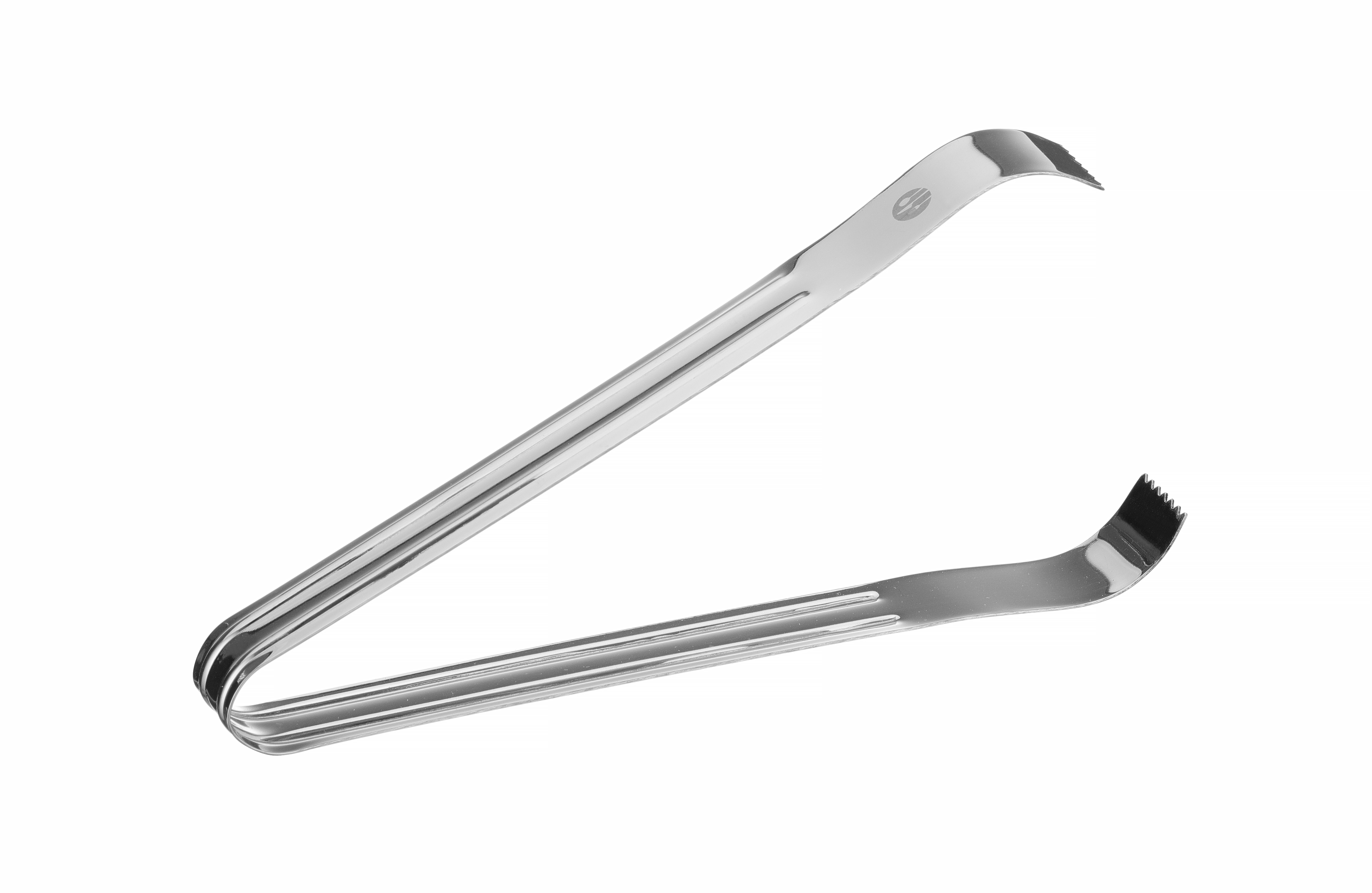 Pinze per ghiaccio in acciaio inox, aperte, su sfondo bianco. Vista angolata.