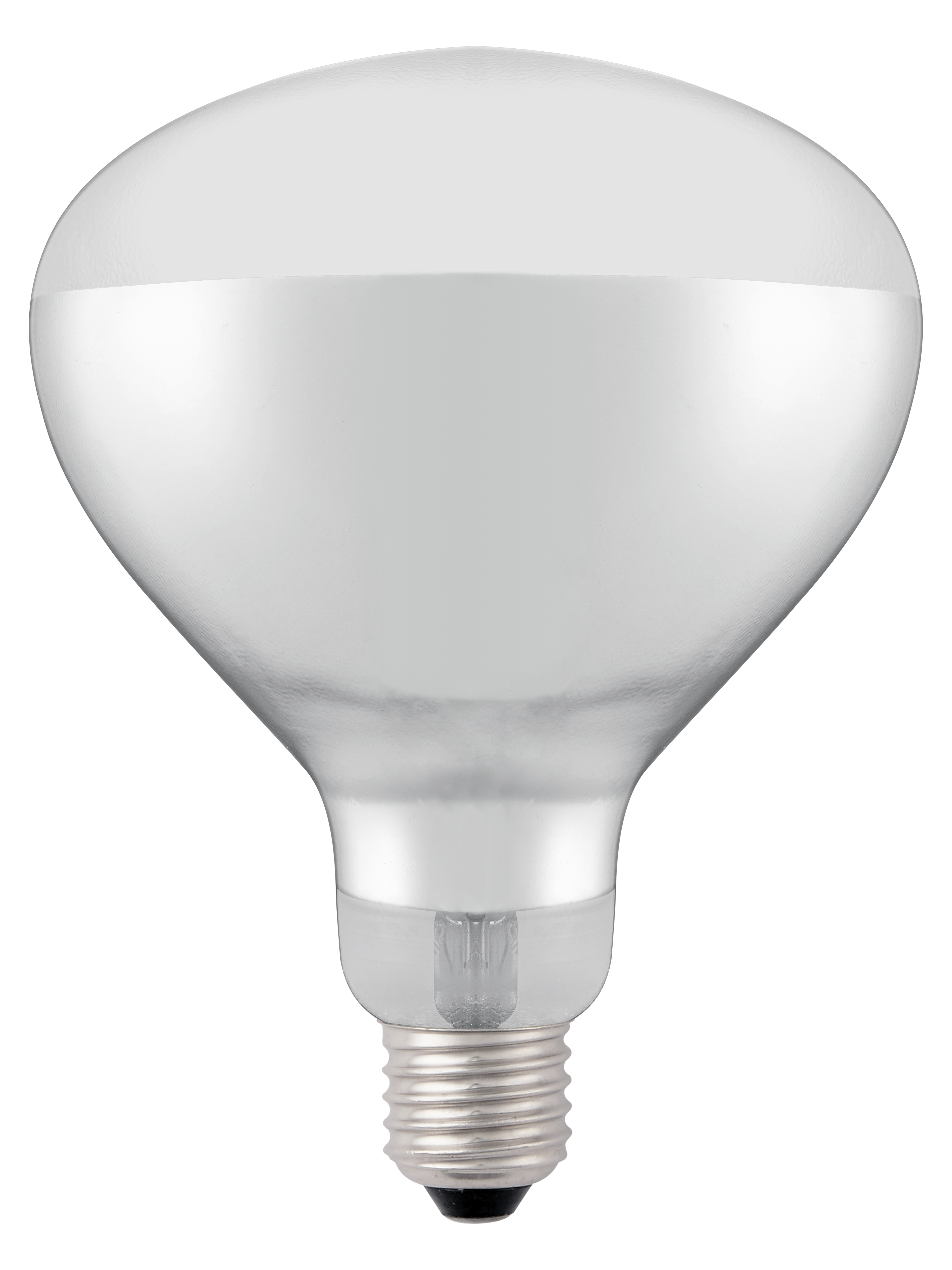 Una lampadina d'argento su sfondo bianco. Ha una parte superiore rotonda.