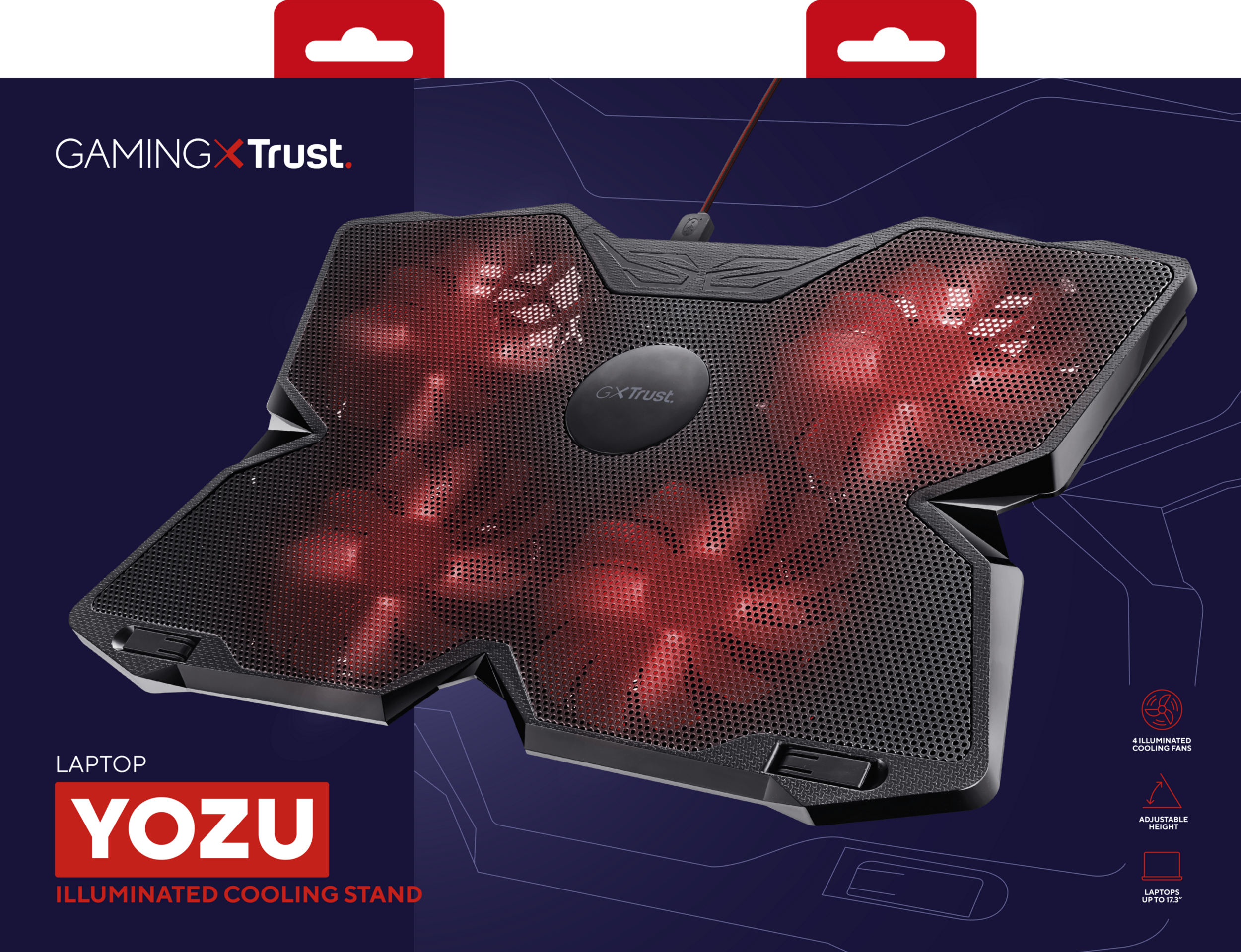Ein schwarzer Laptop-Kühlständer mit rot beleuchteten Lüftern. Der Ständer hat eine Mesh-Oberseite.