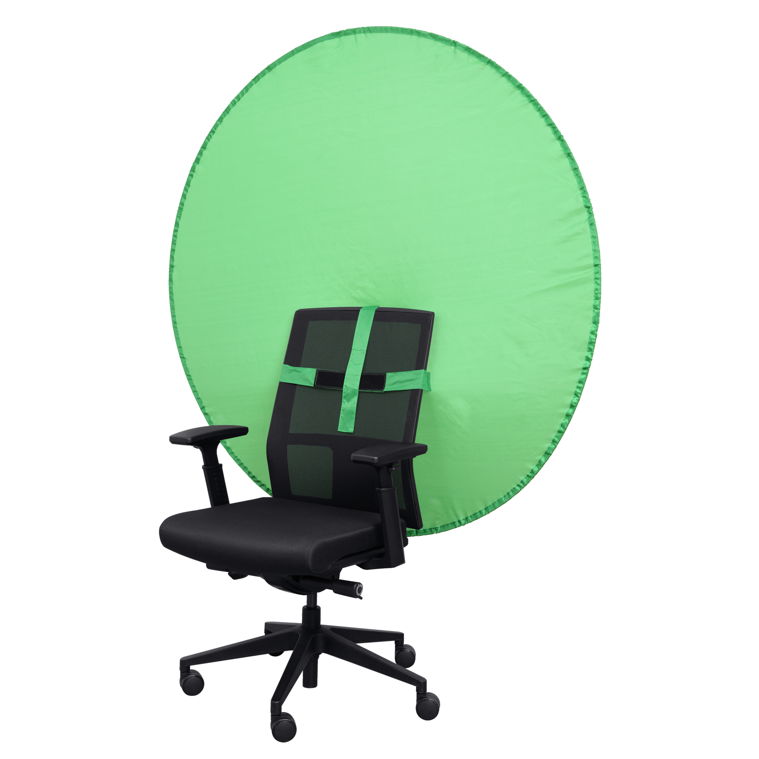 Una sedia da ufficio nera con uno sfondo circolare verde per le videochiamate.