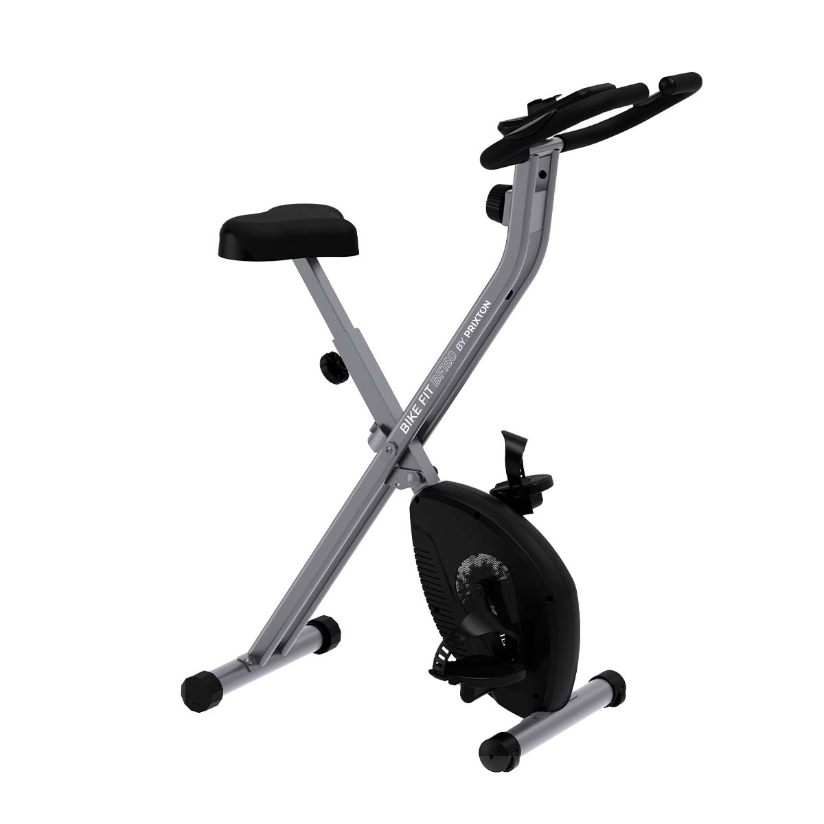 Srebrny i czarny rower treningowy. Ma czarne siodełko, uchwyty i pedały.