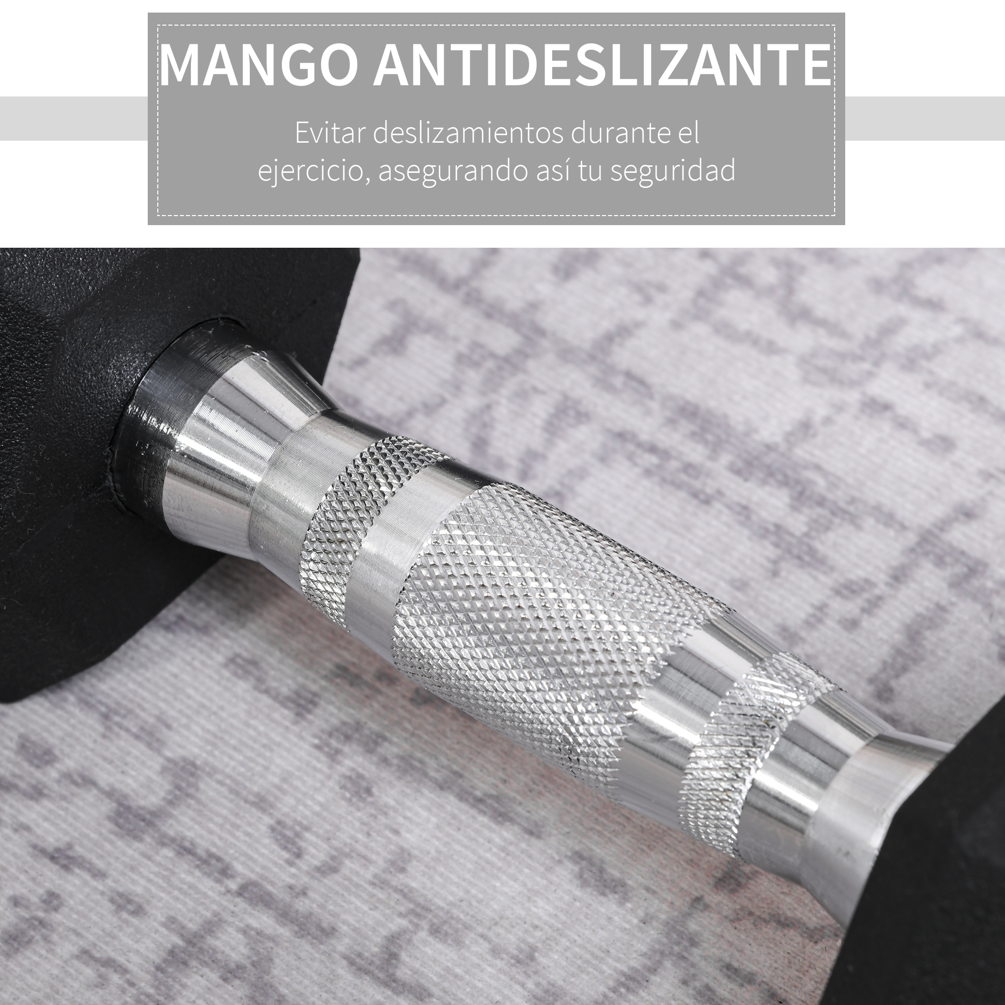 Primer plano de un mango de mancuerna, plateado con agarre texturizado, con texto en español arriba.