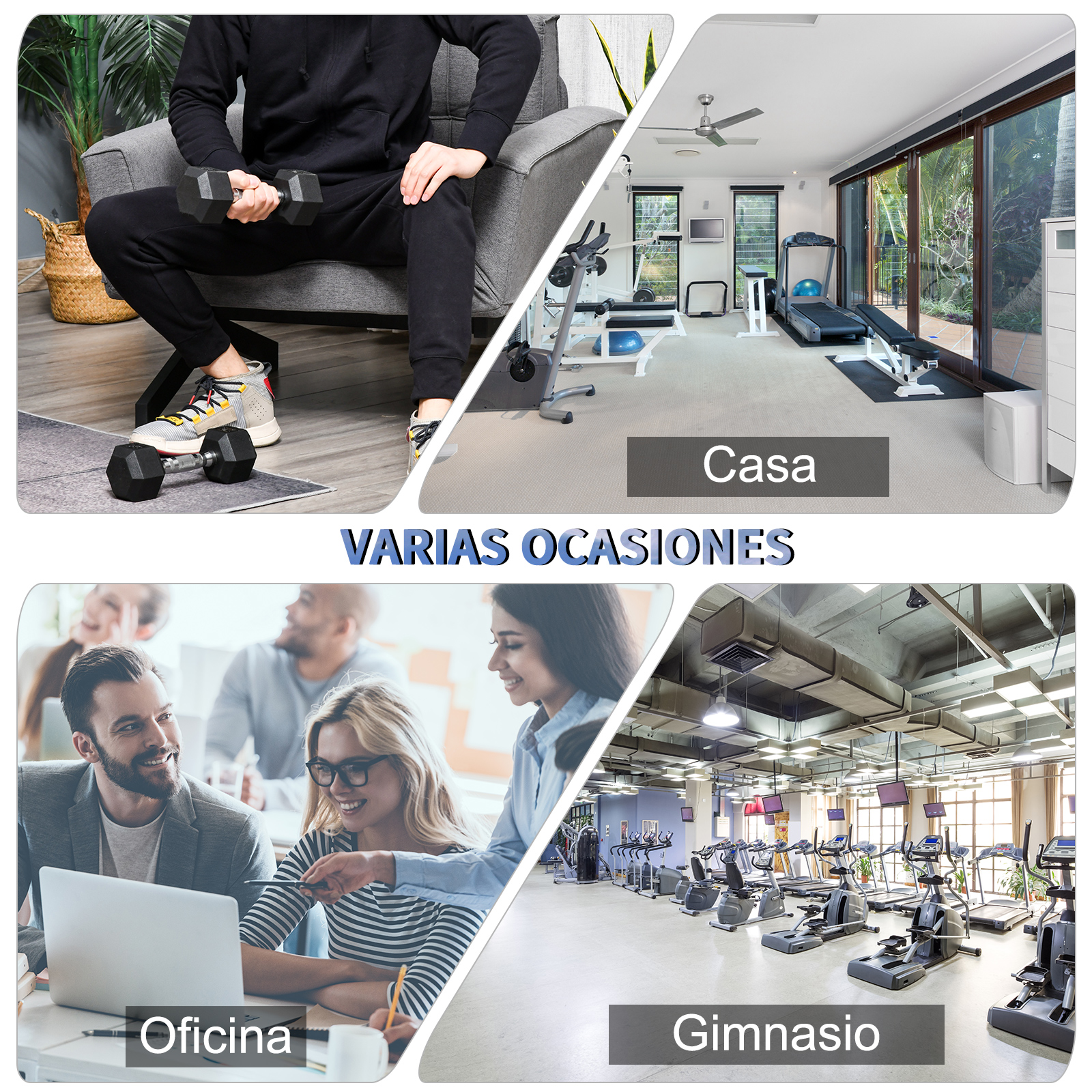 Un collage de imágenes: un hombre con pesas, un gimnasio, un gimnasio en casa y gente trabajando en una oficina.
