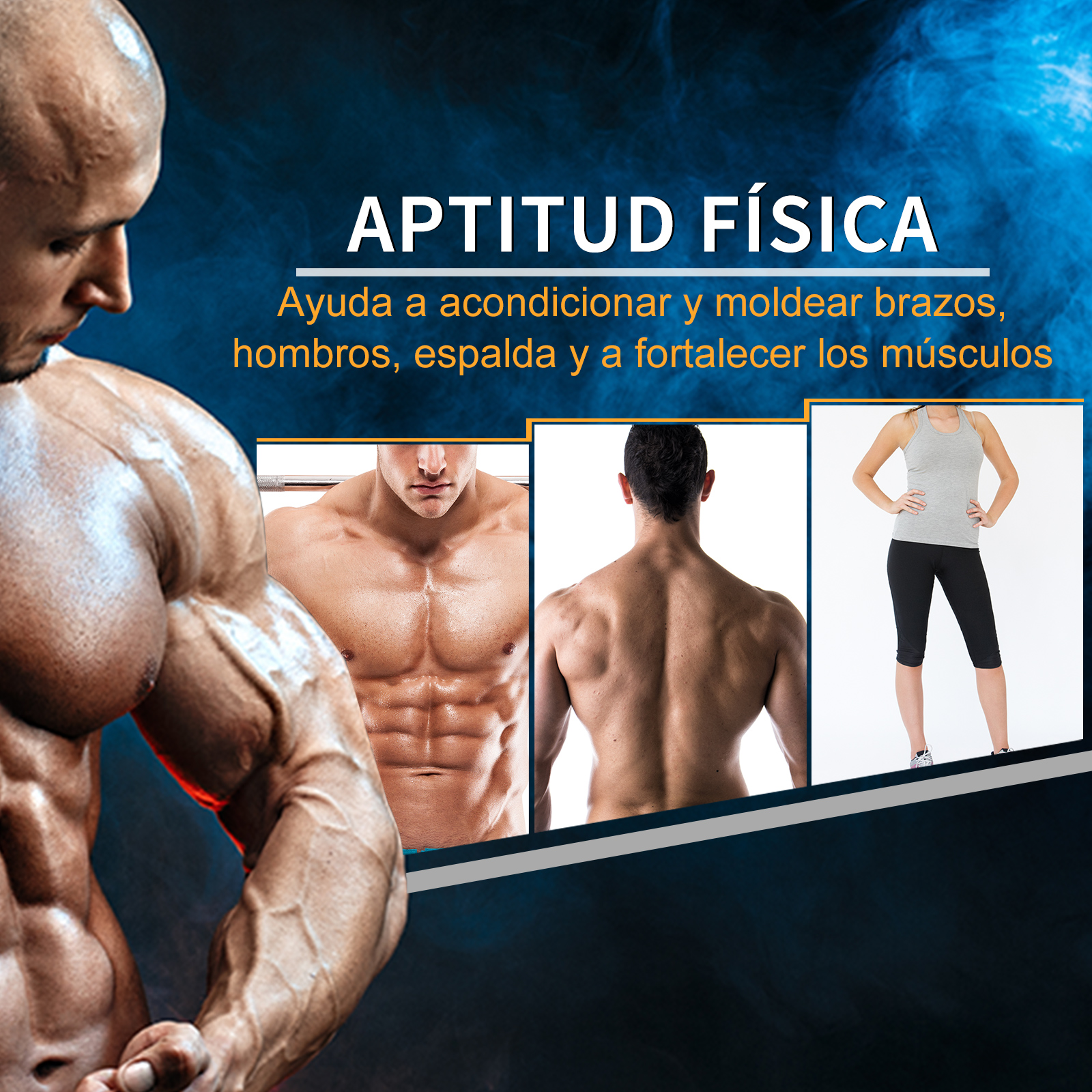 Anuncio de culturismo con torso de hombre e imágenes de cuerpos. Texto sobre fitness.